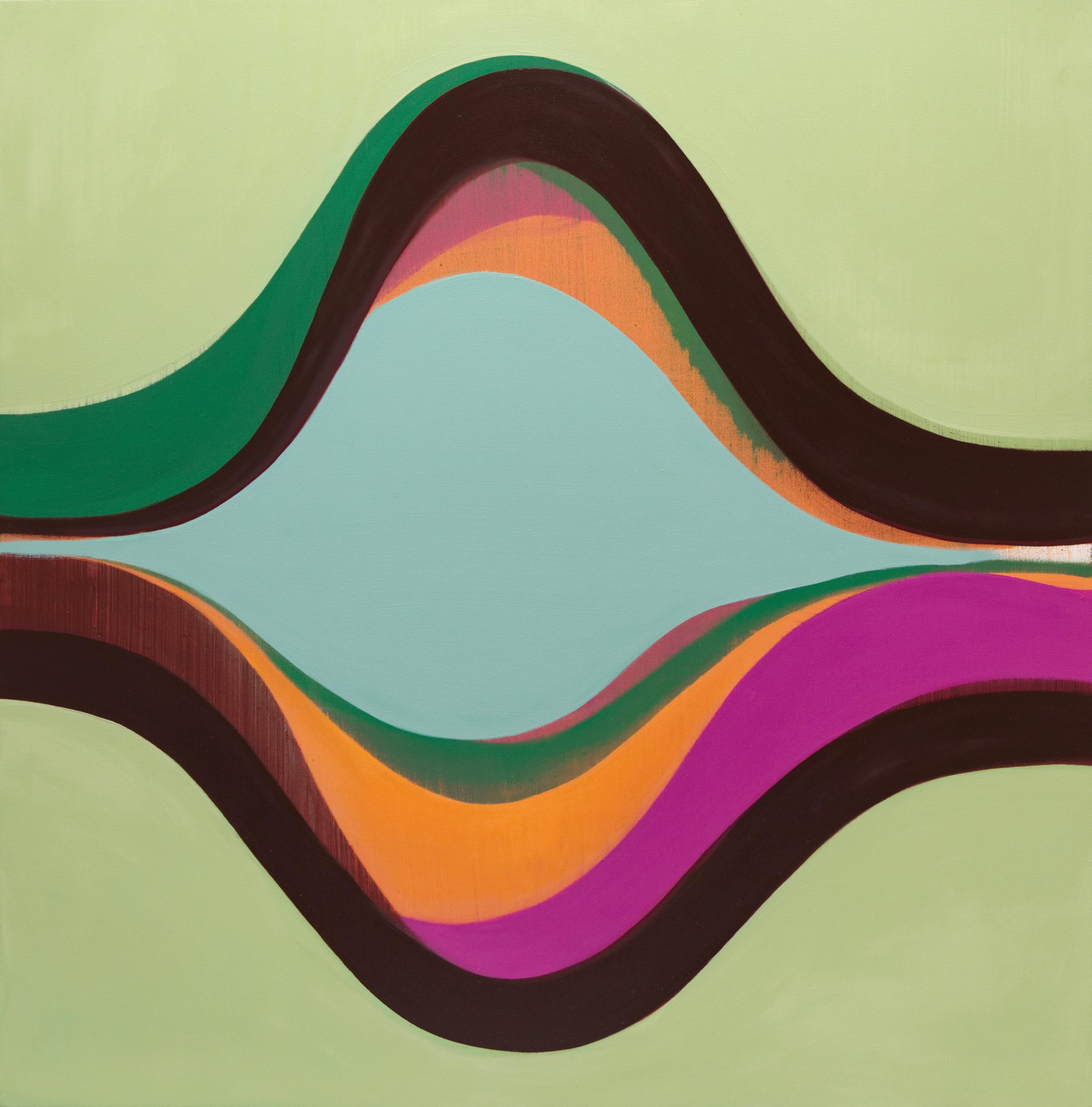 Margaret Neill Abstract Painting – Emissary:: Geometrisches abstraktes Gemälde mit Grün:: Magenta:: Rosa:: Braun:: Orange