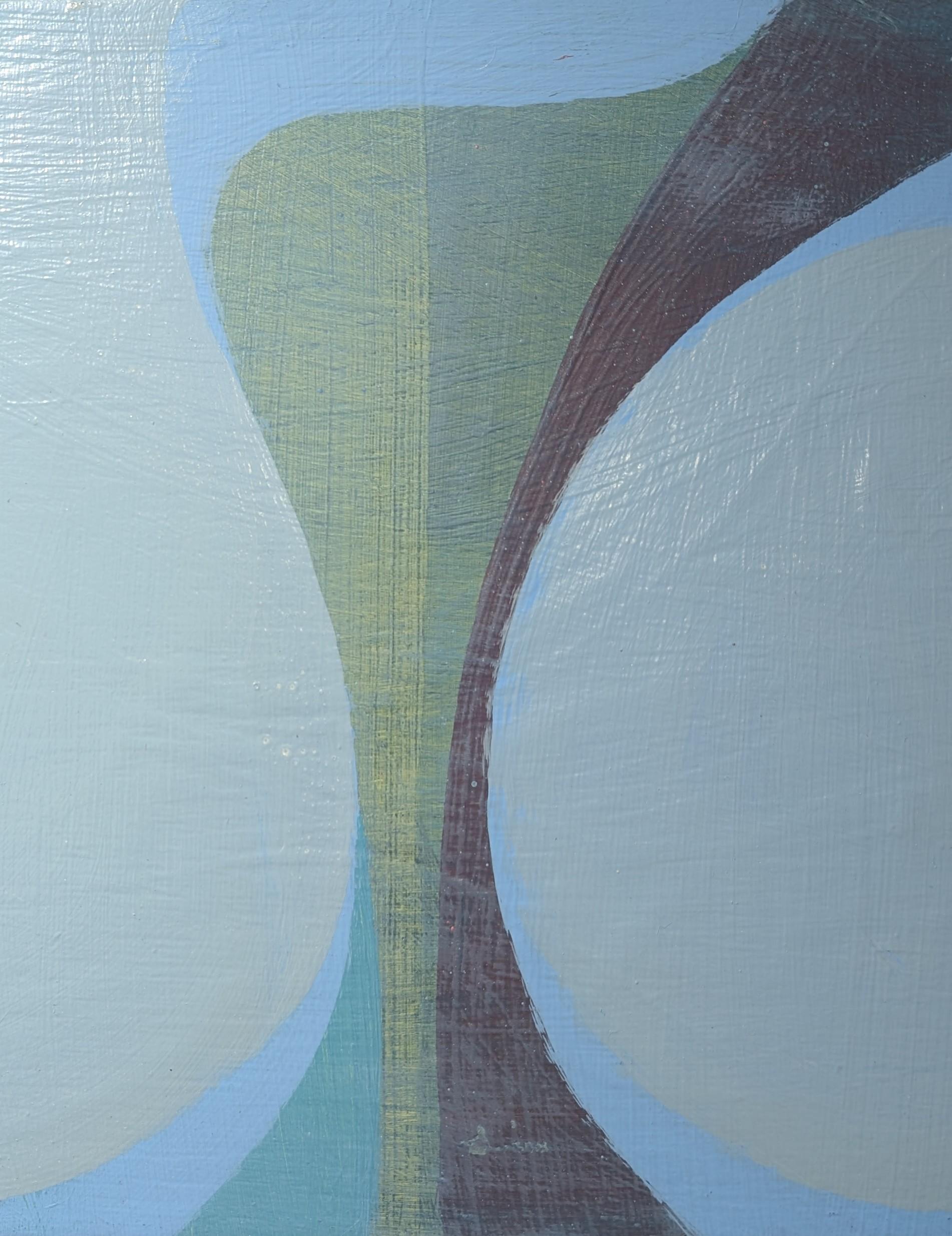 Allo stesso modo - Forma a clessidra di un'onda astratta di colore blu, verde, malva e marrone, 2025 - Abstract Painting Blu di Margaret Neill
