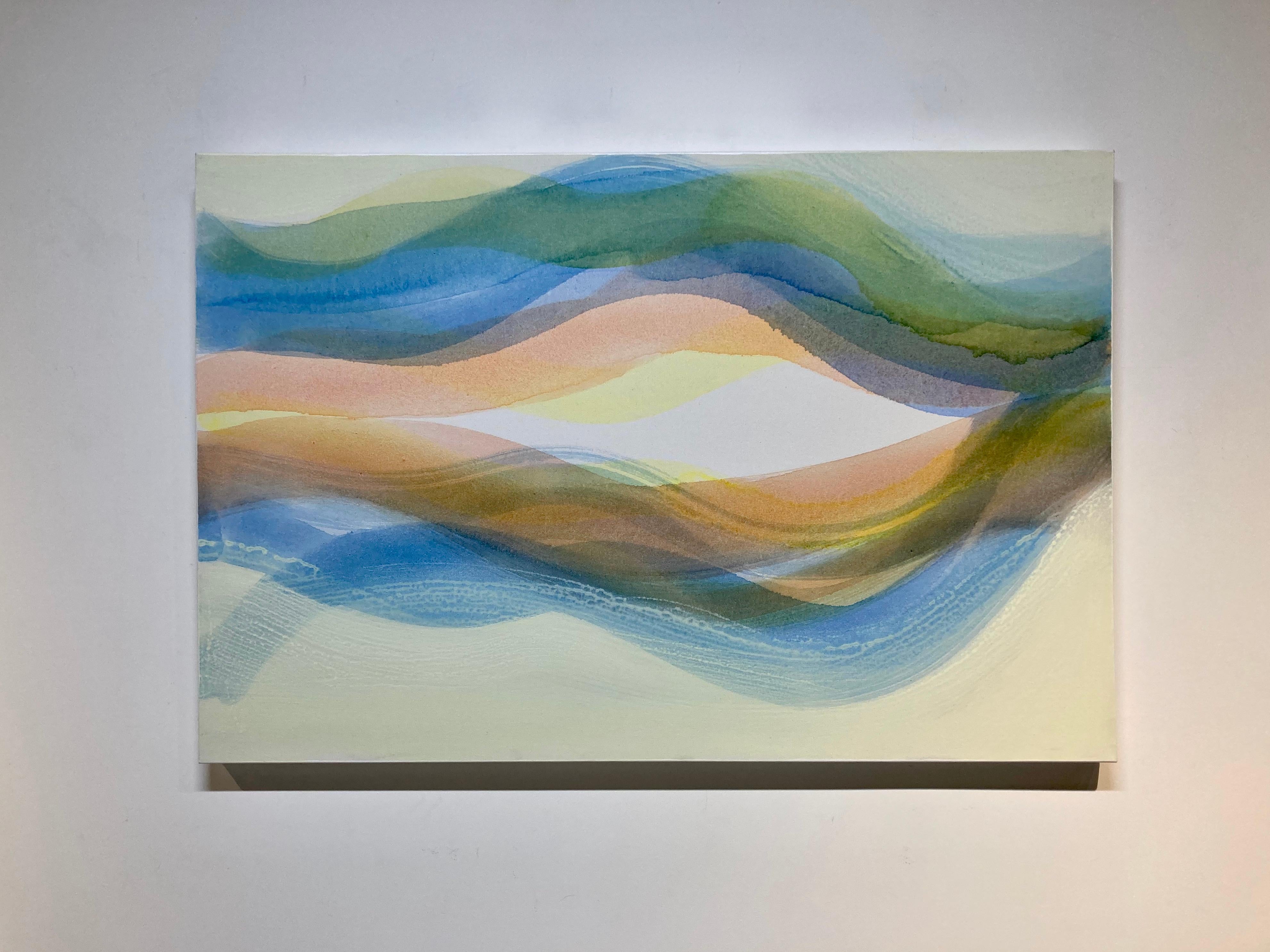Locale, Blue, Light Peach Orange, Green, Soft Yellow Undulations, Color Waves - Painting by Margaret Neill