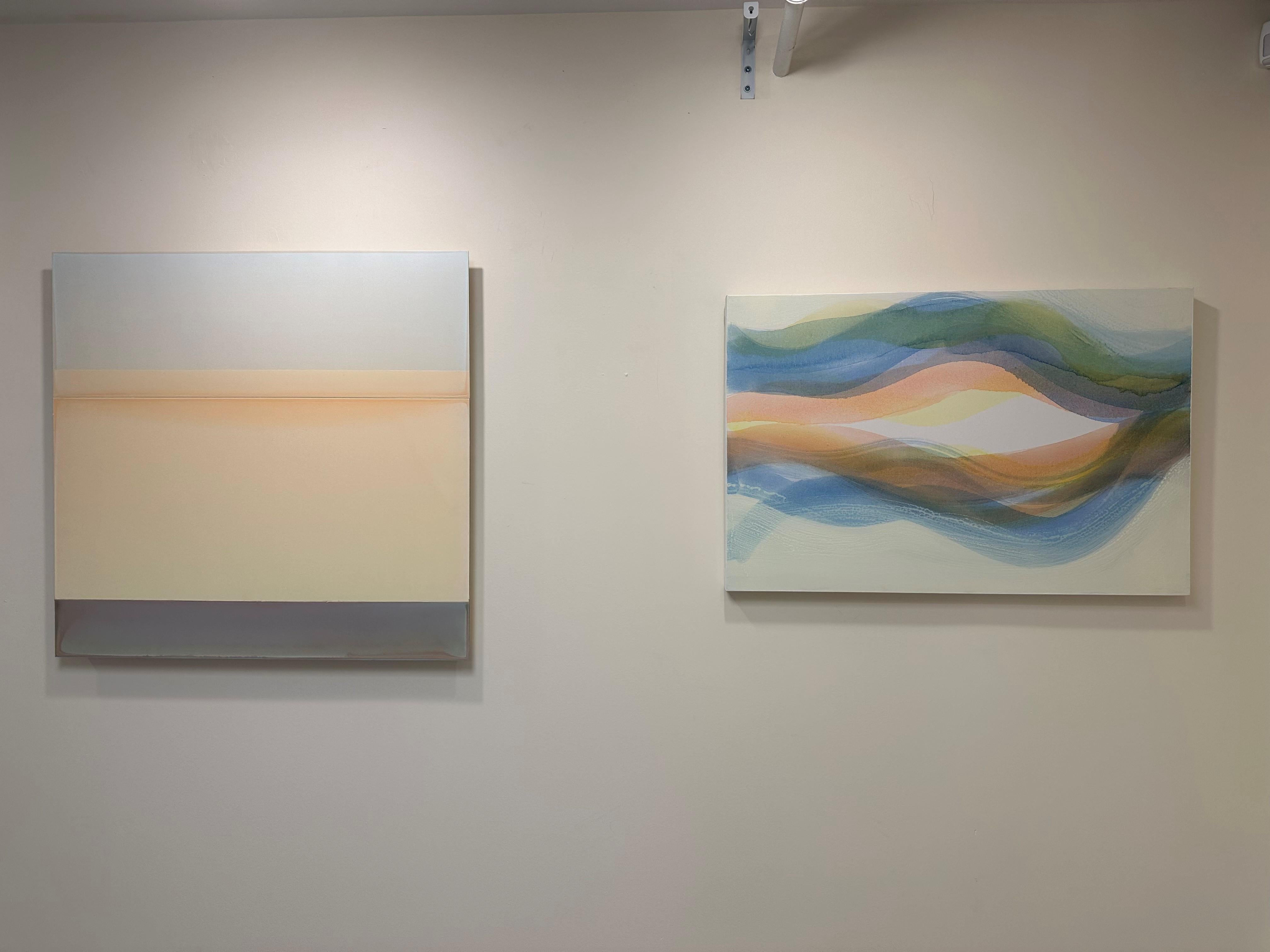 Locale, Blue, Light Peach Orange, Green, Soft Yellow Undulations, Color Waves - Contemporary Painting by Margaret Neill