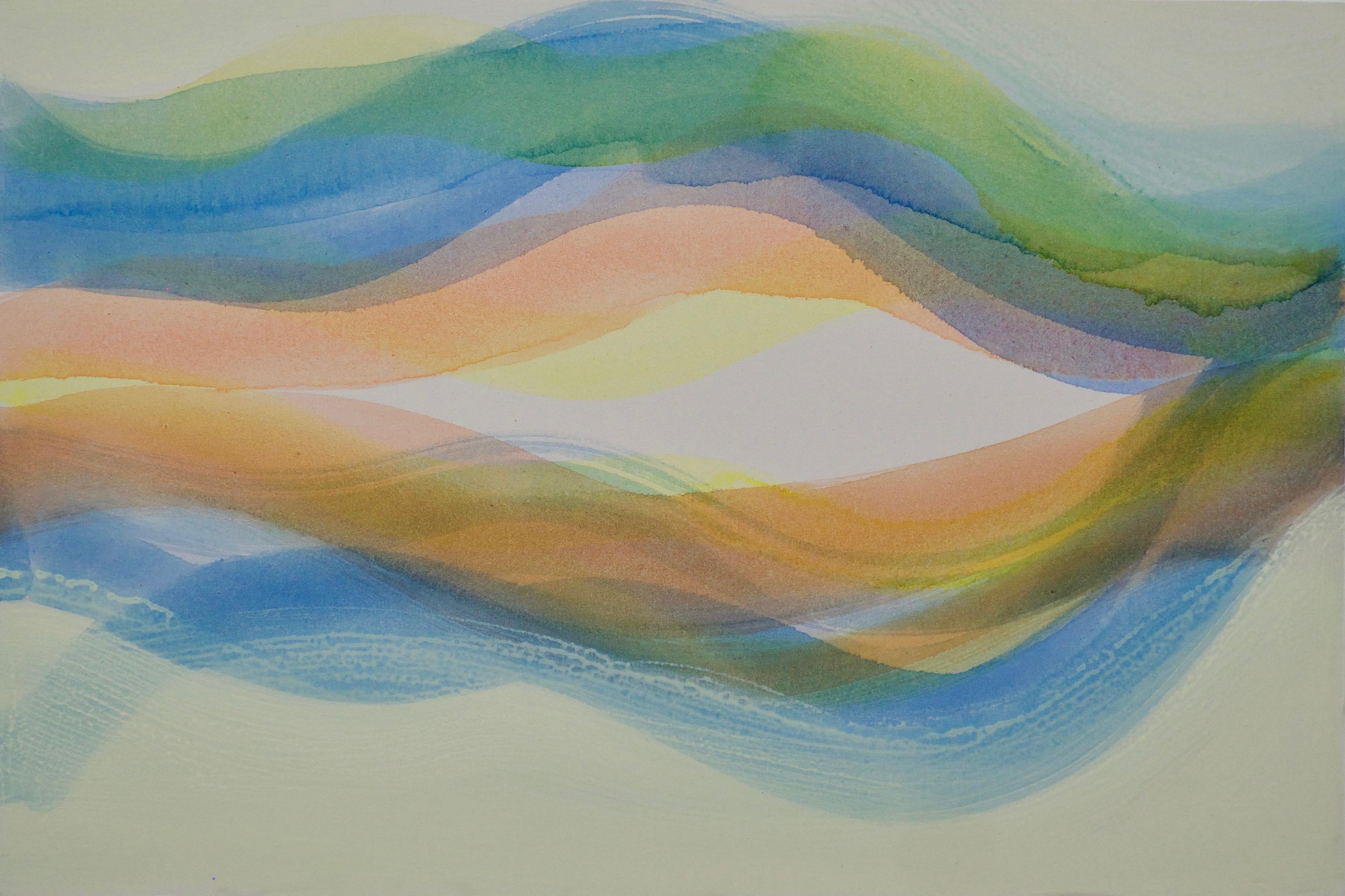 Abstract Painting Margaret Neill - Locale, bleu, orange pêche clair, vert, ondulations jaunes douces, vagues de couleur
