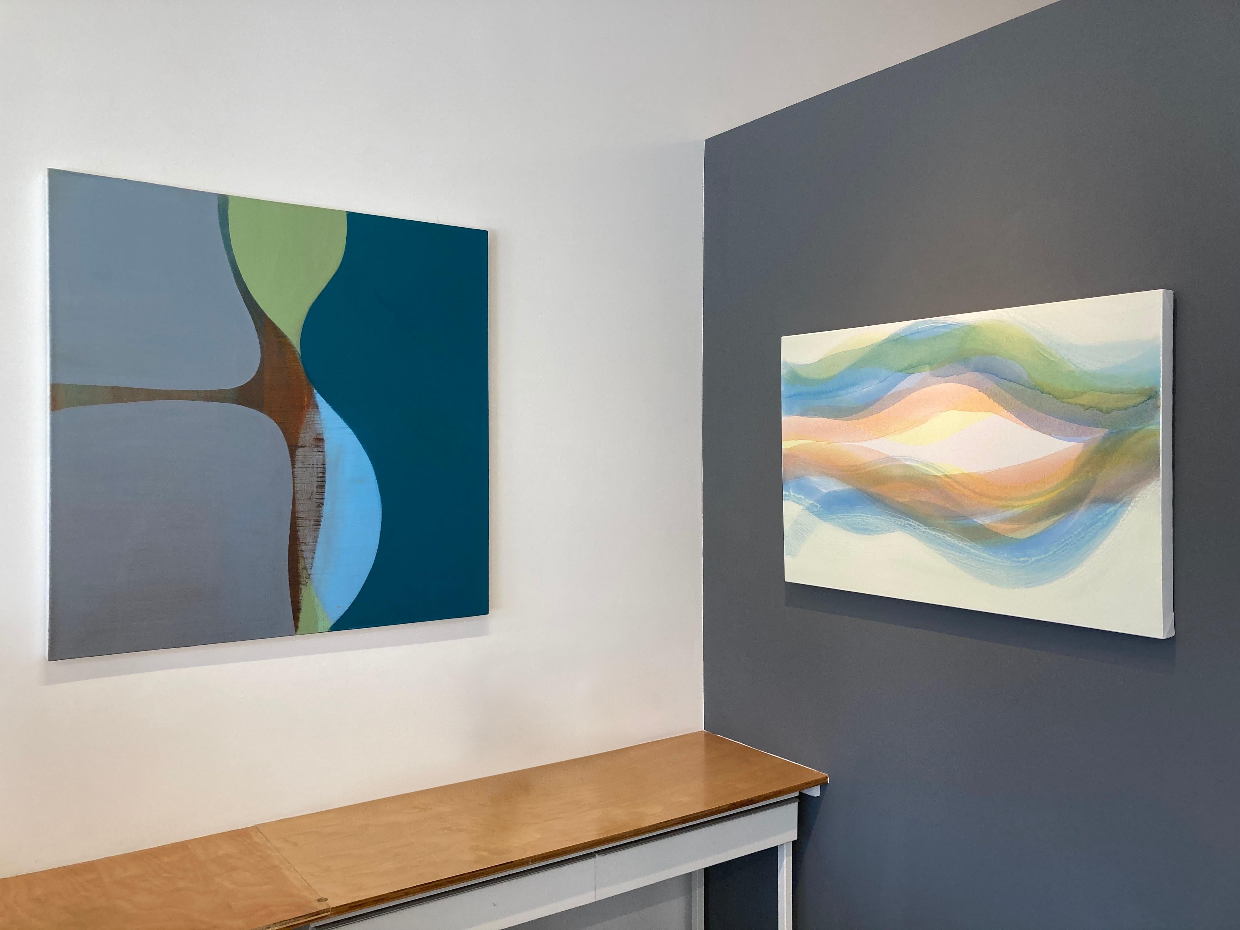 In this contemporary abstract painting in watercolor and acrylic on canvas, undulating waves in shades of light blue, pale orange and light green are layered over a soft, luminous pale yellow and white background, investigating the properties of