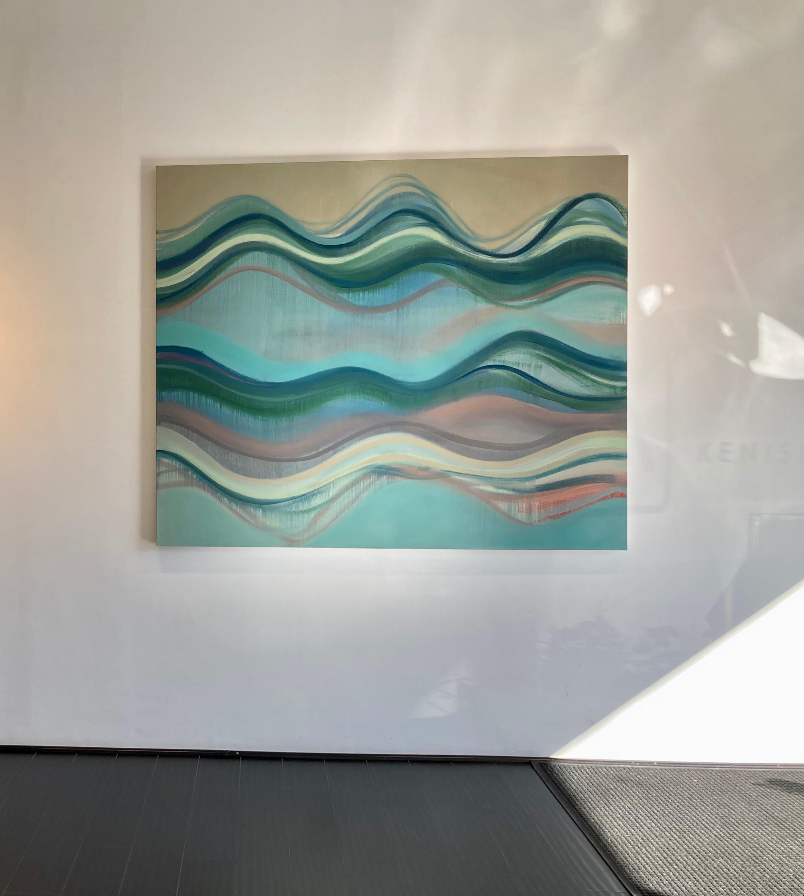 Reservoir, Undulations, Blue, Green, Coral, Ivory Undulations, Color Wave Lines - Painting by Margaret Neill