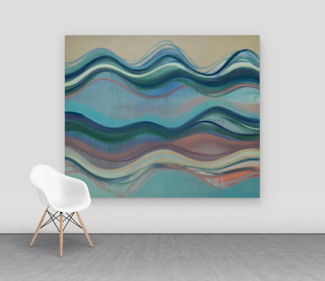 Reservoir, Undulations, Blue, Green, Coral, Ivory Undulations, Color Wave Lines - Contemporary Painting by Margaret Neill