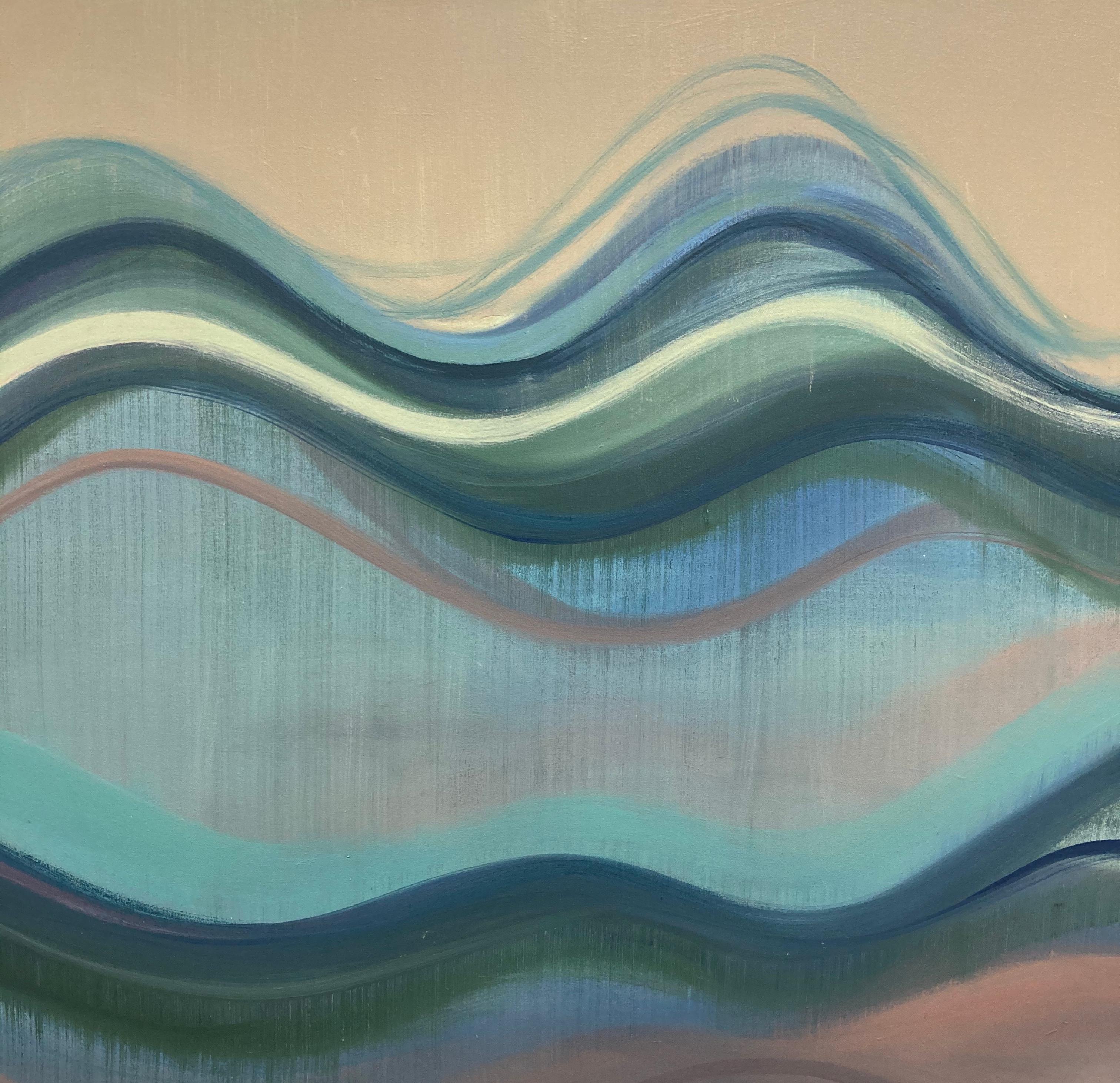 Through undulations in shades of blue with pale peach, coral, ivory and hunter green, Margaret Neill explores the properties of abstract curvilinear forms found in the localized conditions of her surrounding environment. This experience is