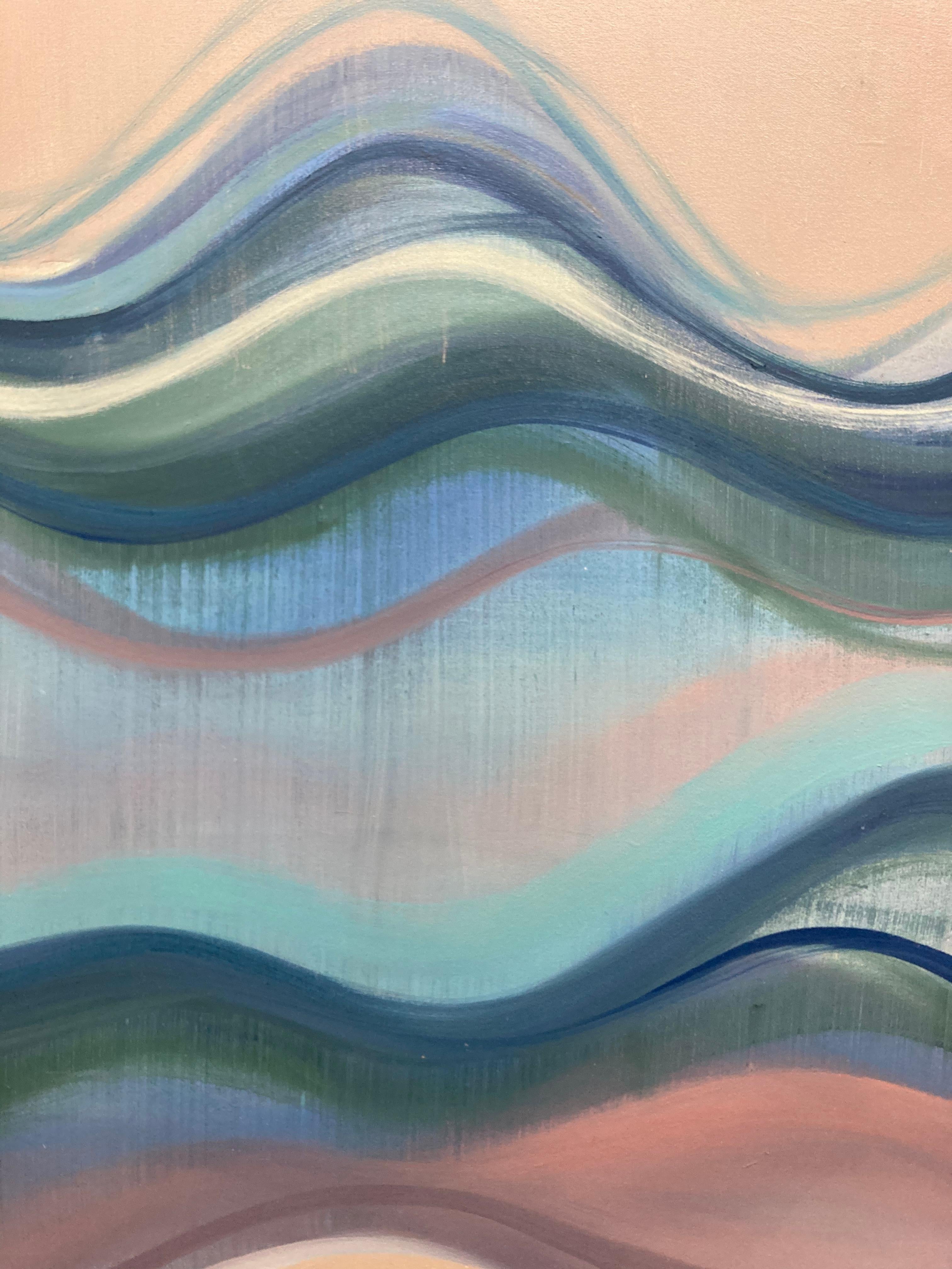 Reservoir, Undulations, Blue, Green, Coral, Ivory Undulations, Color Wave Lines - Contemporary Painting by Margaret Neill