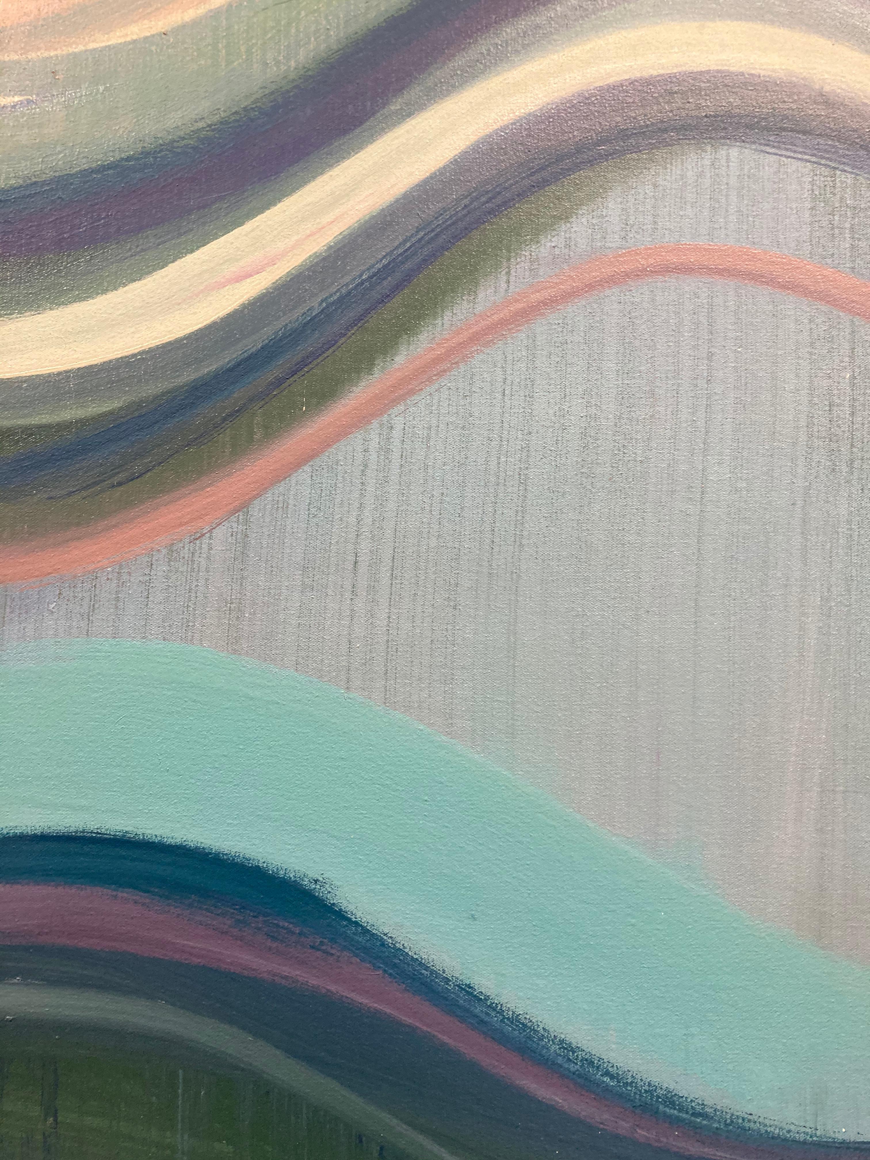 Reservoir, Undulations, Blue, Green, Coral, Ivory Undulations, Color Wave Lines - Gray Abstract Painting by Margaret Neill