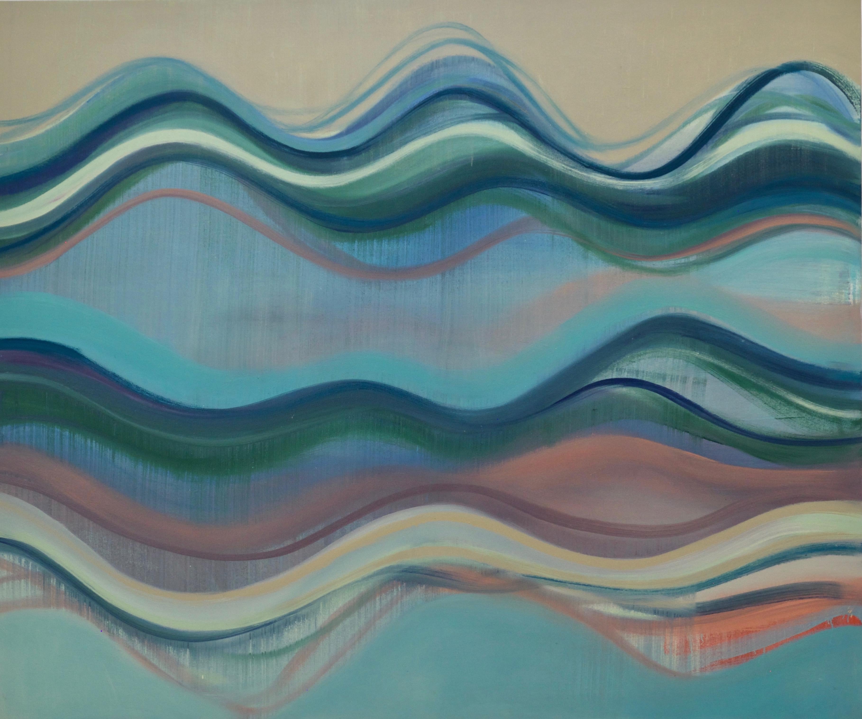 Margaret Neill Abstract Painting - Reservoir, Undulations, Blue, Green, Coral, Ivory Undulations, Color Wave Lines
