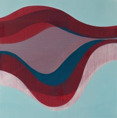 Reunite, Square Abstract Painting in Pale Mint Blue, Burgundy Red, Navy, Lilac