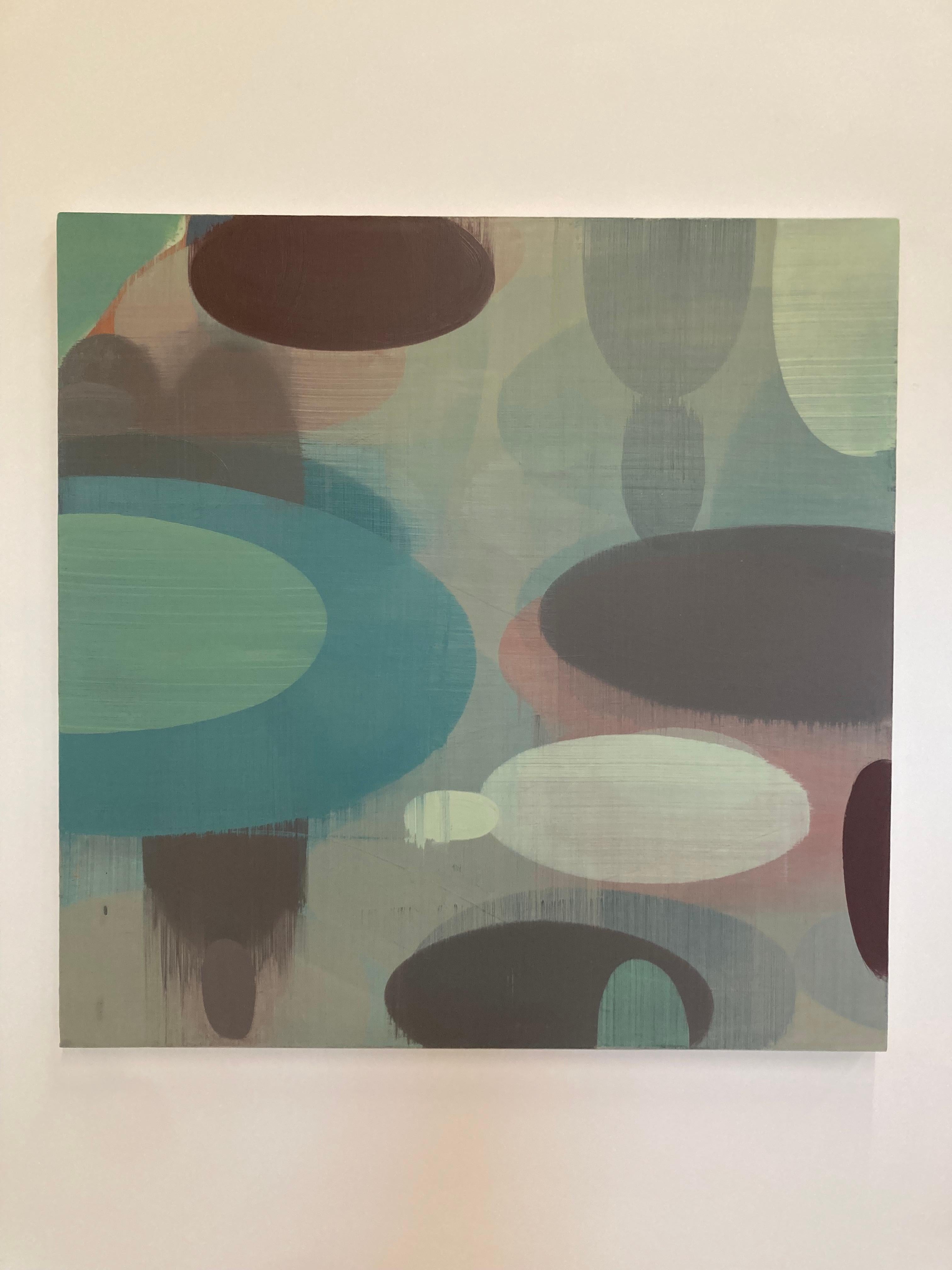 Trek, Blue, Mint Green, Light Teal, Mauve, Eggplant Layered Ovals, Circles - Painting by Margaret Neill