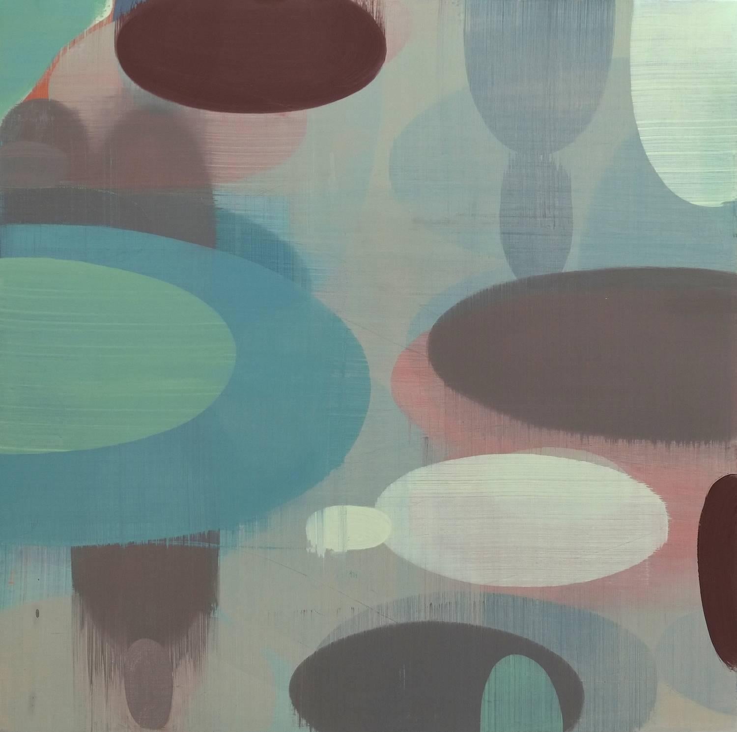 Margaret Neill Abstract Painting - Trek, Blue, Mint Green, Light Teal, Mauve, Eggplant Layered Ovals, Circles