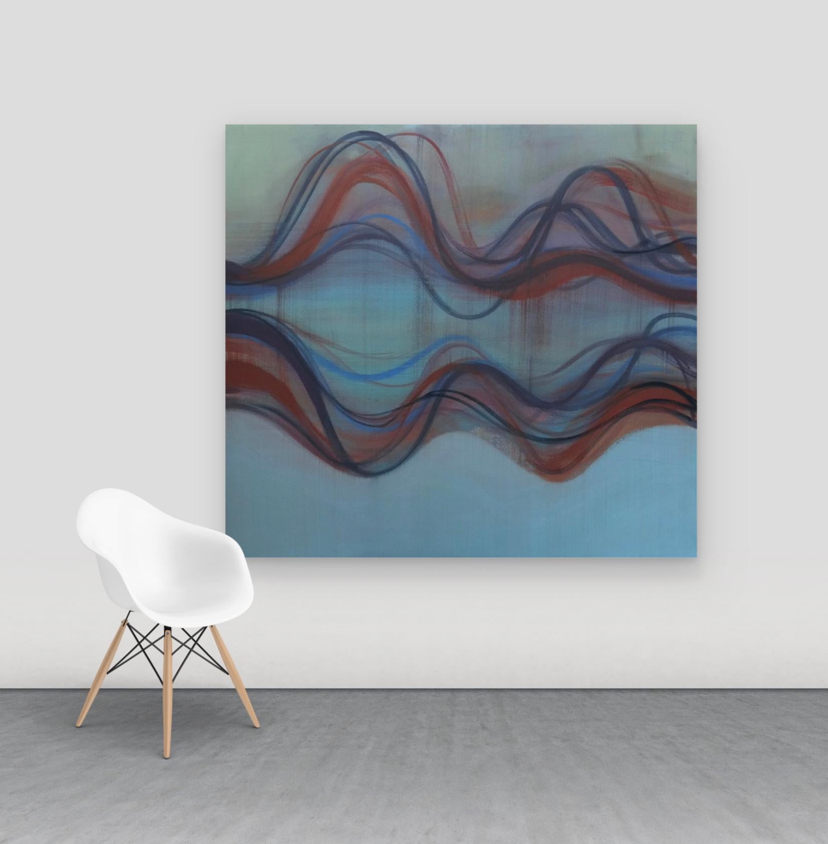 Gefäß - Abstrakt Blau Indigo Burgunderrot Undulations Curve Wave Lines, 2019 – Painting von Margaret Neill