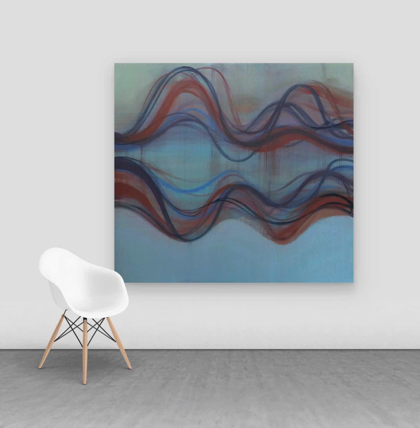 Vesper, Sky Blue, Indigo, Dark Red, Burgundy Undulations, Curve Wave Lines - Painting by Margaret Neill