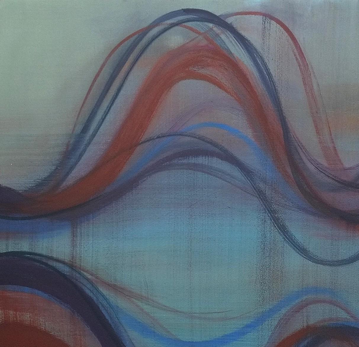 Vesper, Sky Blue, Indigo, Dark Red, Burgundy Undulations, Curve Wave Lines - Contemporary Painting by Margaret Neill