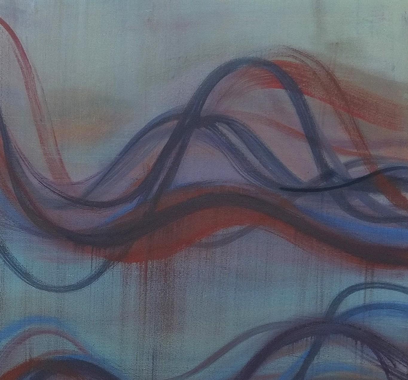 Within undulating lines in shades of blue with hints of pale pink and dark red, Margaret Neill investigates the properties of abstract curvilinear forms found in the localized conditions of her surrounding environment. This experience is sublimated