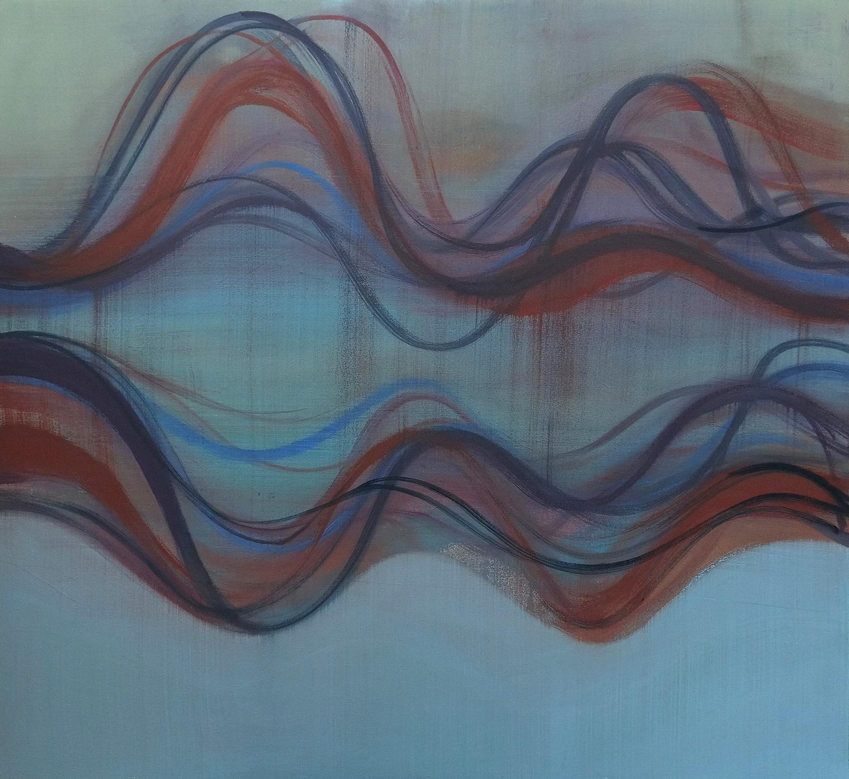 Margaret Neill Abstract Painting – Gefäß, Himmelblau, Indigo, Dunkelrot, Burgunderrote und geschwungene Wellenlinien
