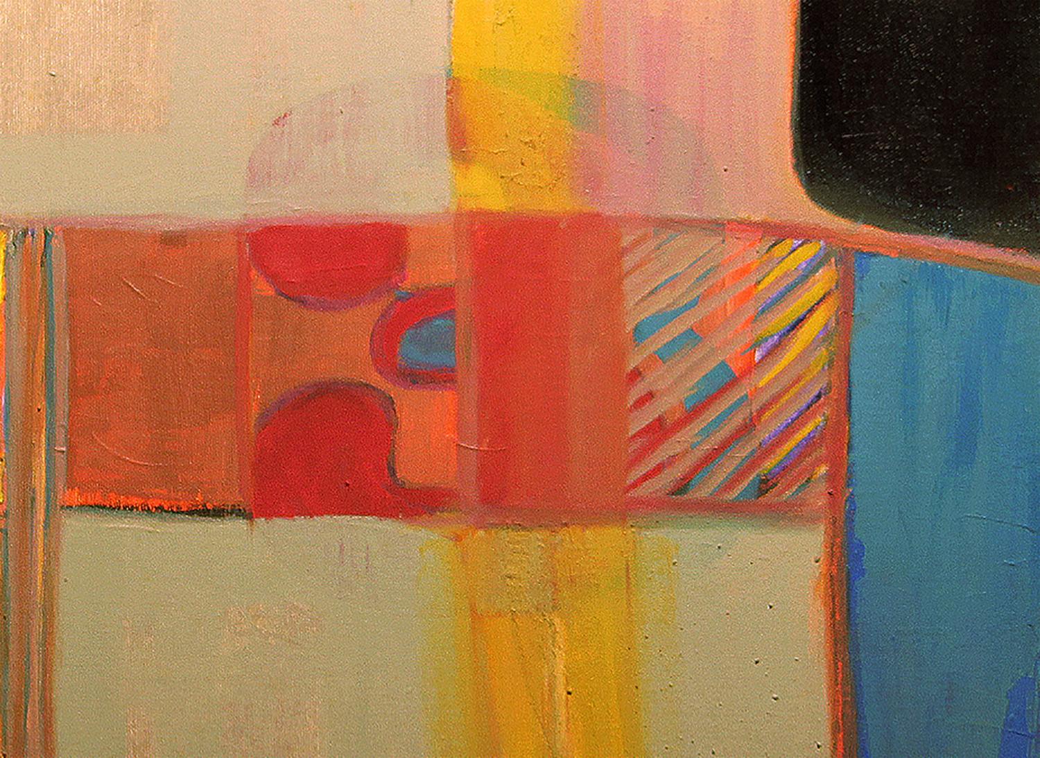 Abstract Blue, Red and Yellow Cubist Oil Painting - Brown Abstract Painting by Margaret Nobler