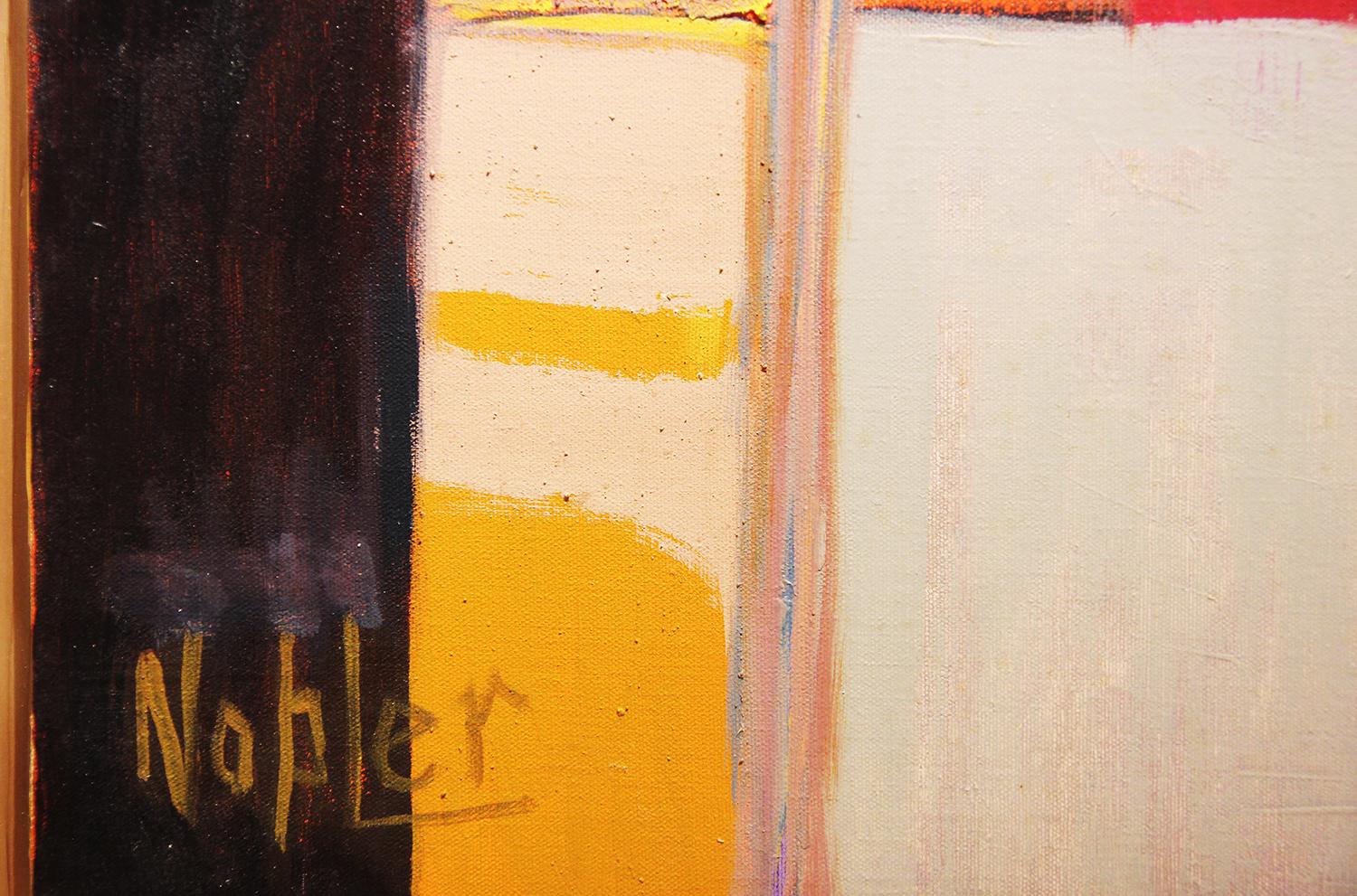 Abstract geometric painting from Margaret Nobler's estate. Oil painting with blue, black, yellow, and orange cube shapes. Currently displayed in natural wooden frame.

Dimensions Without Frame: W: 22 in. x H 22 in.

Artist Biography: Margaret Nobler