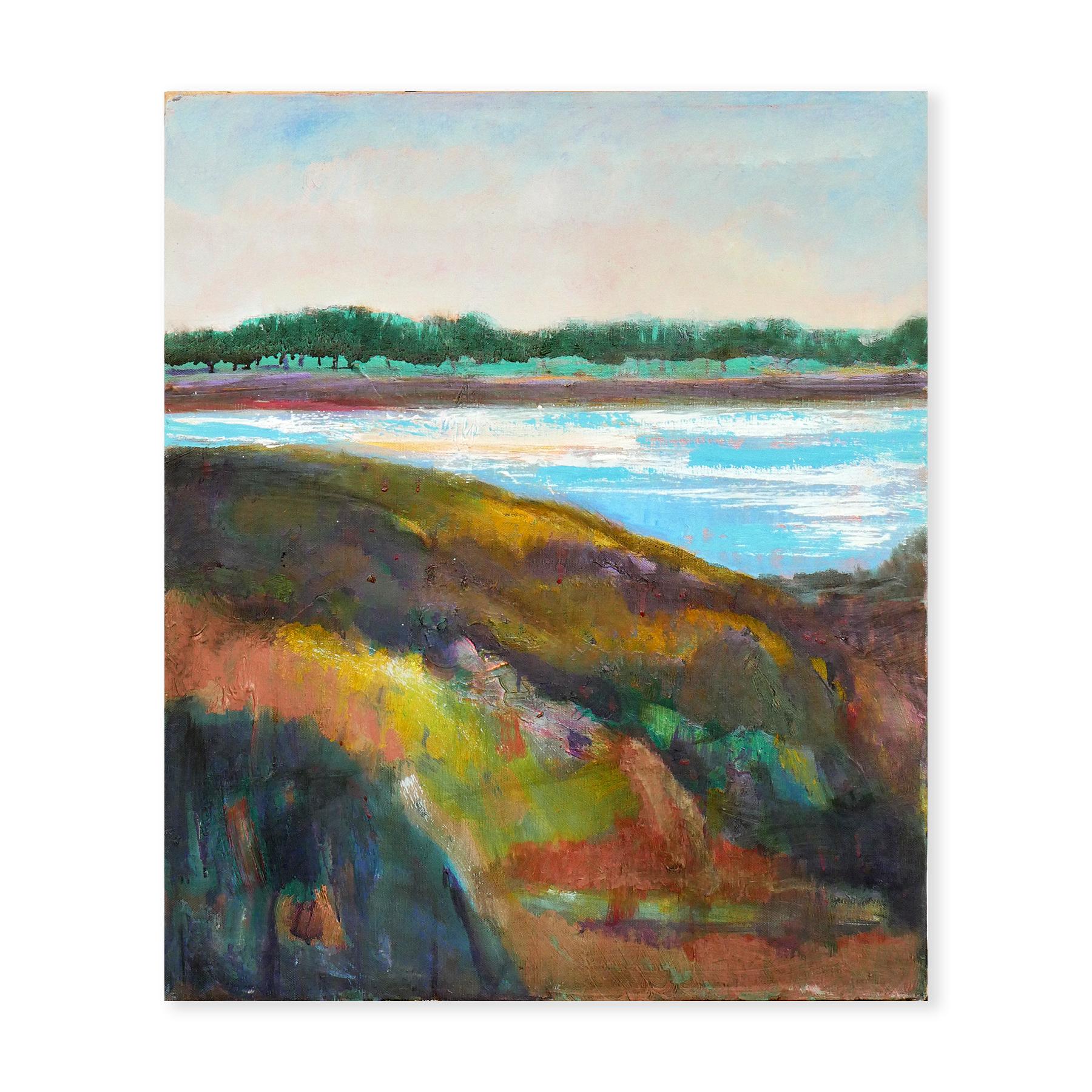 Cool Toned Impressionist Lake on a Mountainside Landscape - Painting by Margaret Nobler