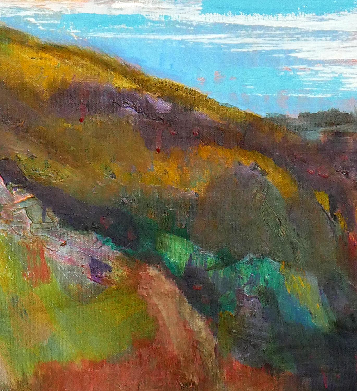 Cool Toned Impressionist Lake on a Mountainside Landscape - Abstract Impressionist Painting by Margaret Nobler