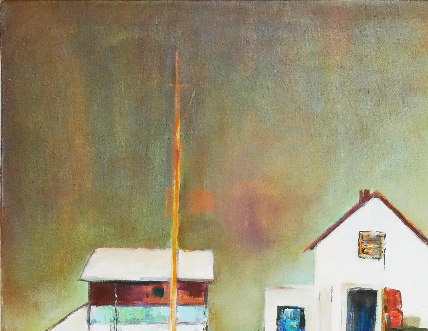 Peinture de paysage moderne abstraite d'inspiration cubiste d'un chantier naval en bord de mer - Beige Landscape Painting par Margaret Nobler