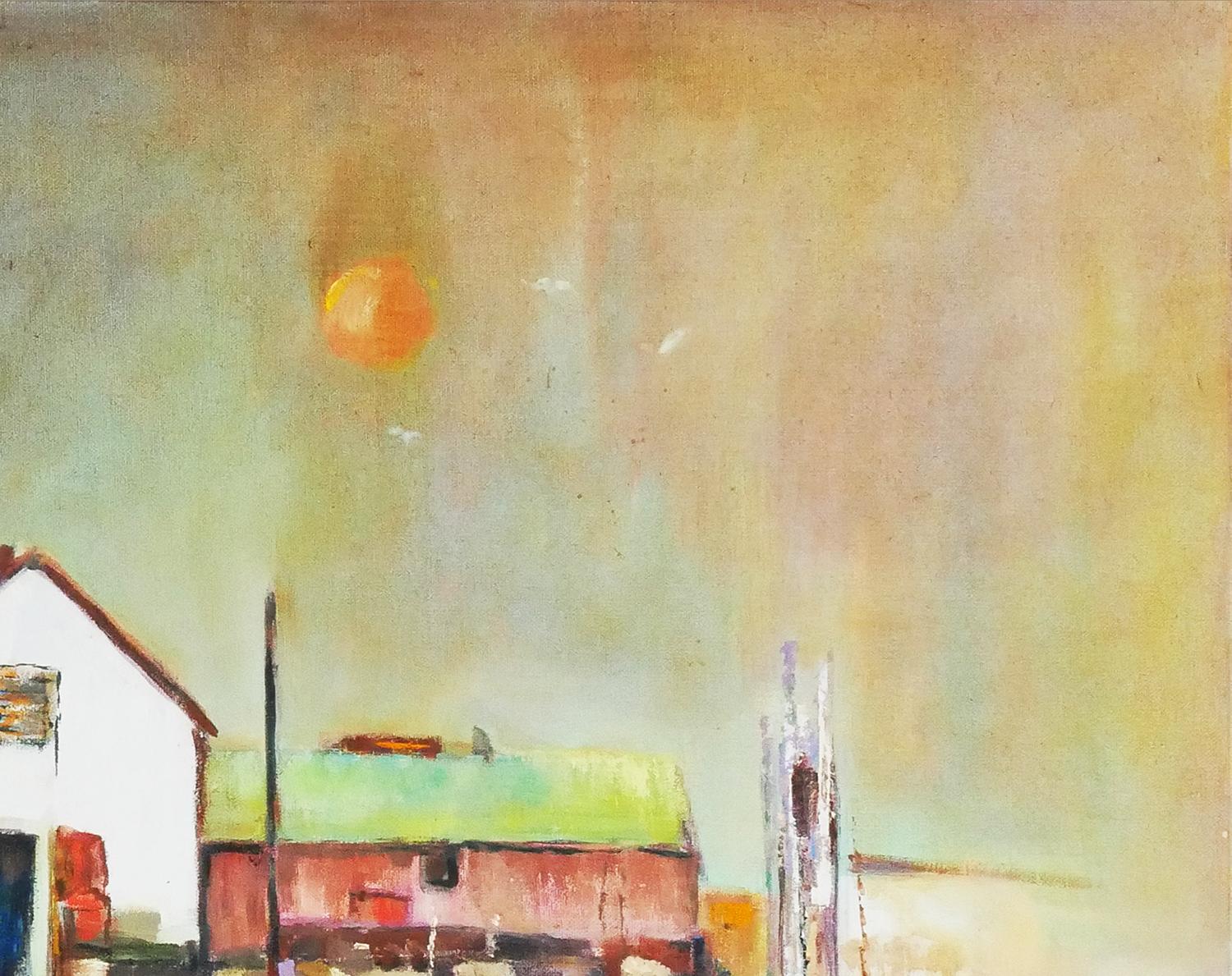 Peinture abstraite moderne de paysage réalisée par l'artiste Margaret Nobler, de Houston, au Texas. L'œuvre représente un bateau flottant près d'un quai au bord de l'océan avec le soleil couchant en arrière-plan. Signé par l'artiste dans le coin