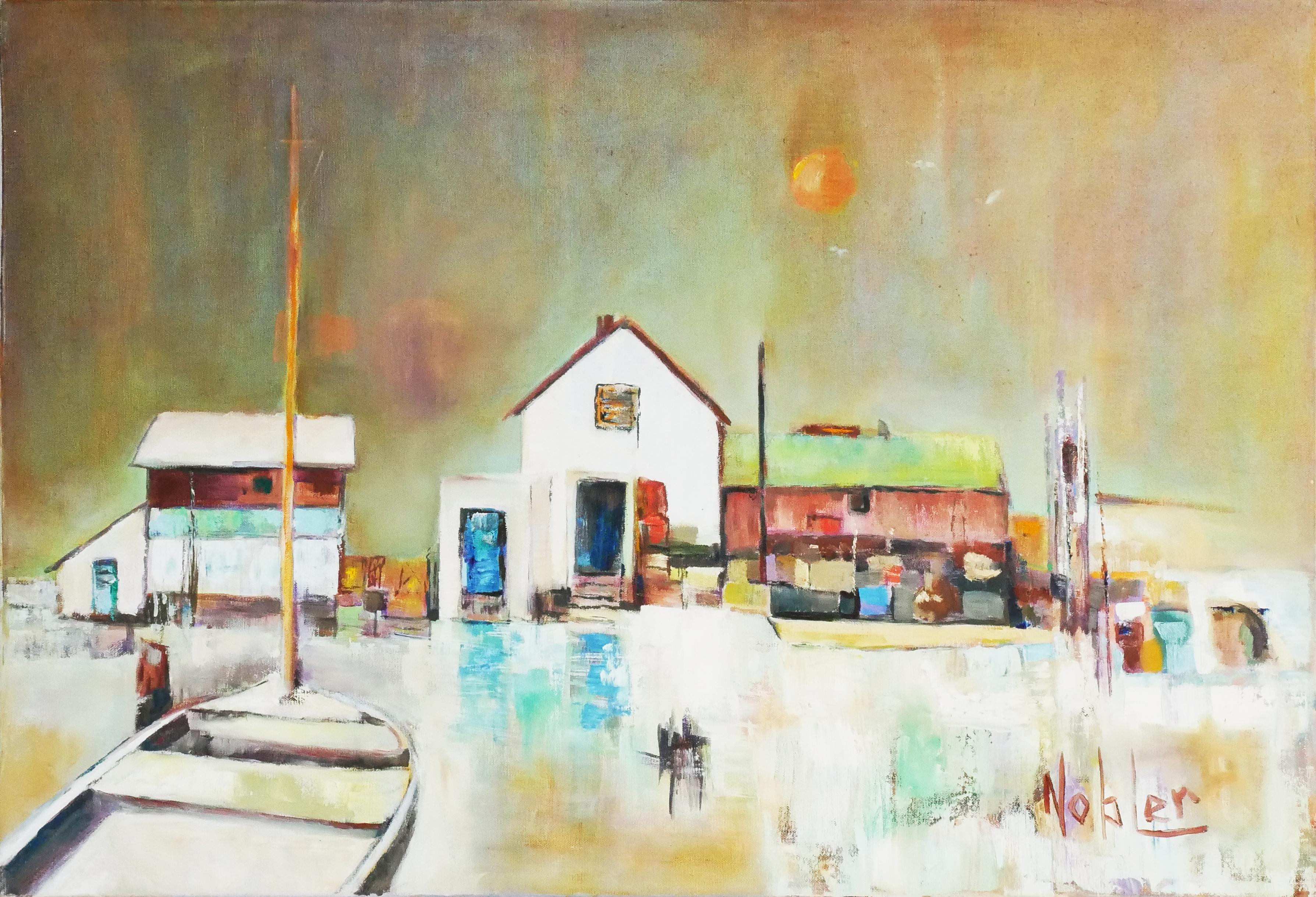 Landscape Painting Margaret Nobler - Peinture de paysage moderne abstraite d'inspiration cubiste d'un chantier naval en bord de mer