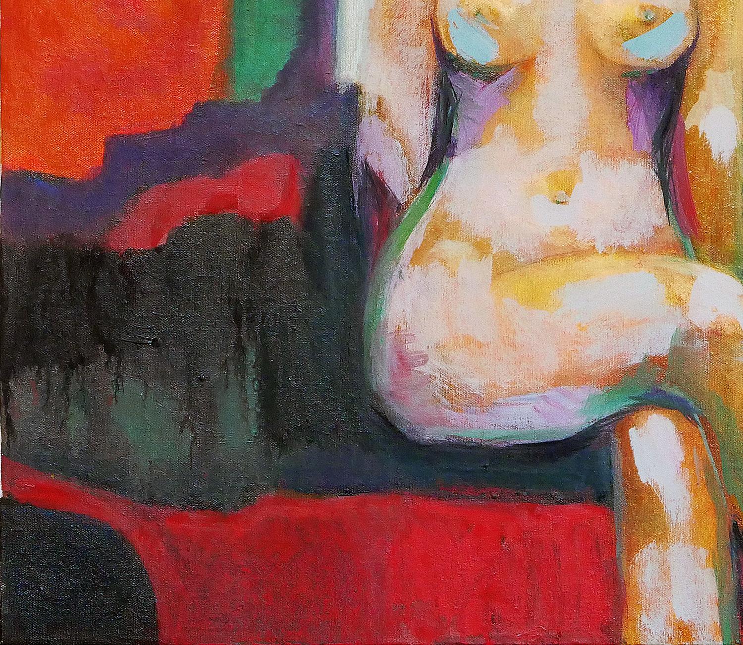 Modern Abstract Red and Green Toned Interior Painting of a Nude Female Figure For Sale 8