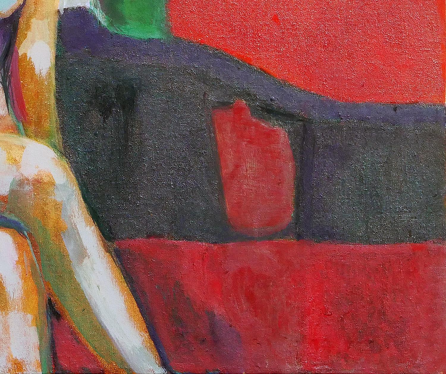 Modern Abstract Red and Green Toned Interior Painting of a Nude Female Figure For Sale 9