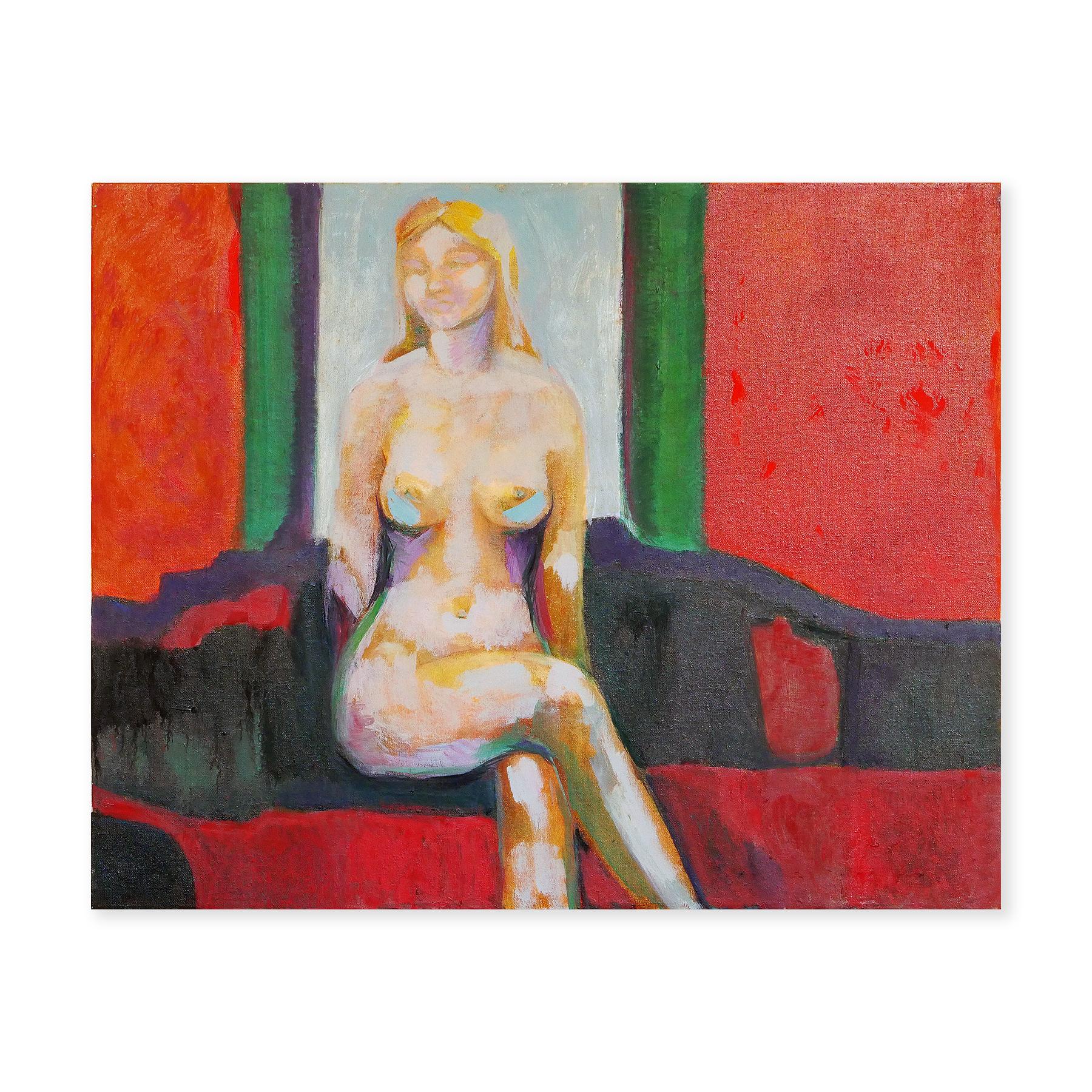Modernes modernes abstraktes rot-grün getöntes Innengemälde einer nackten weiblichen Figur – Painting von Margaret Nobler