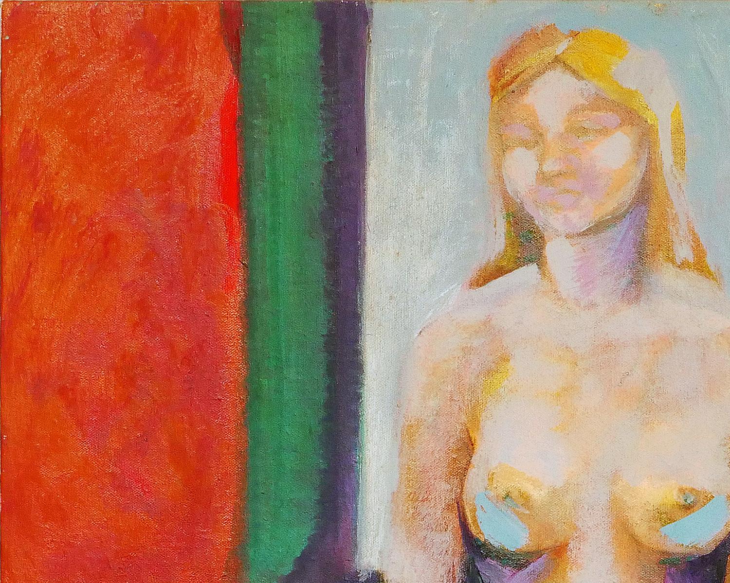 Modern abstract figurative painting by Houston, TX artist Margaret Nobler. The work features a central seated female nude set against a bold red and green background. Currently unframed, but options are available. 

Artist Biography: Margaret Nobler