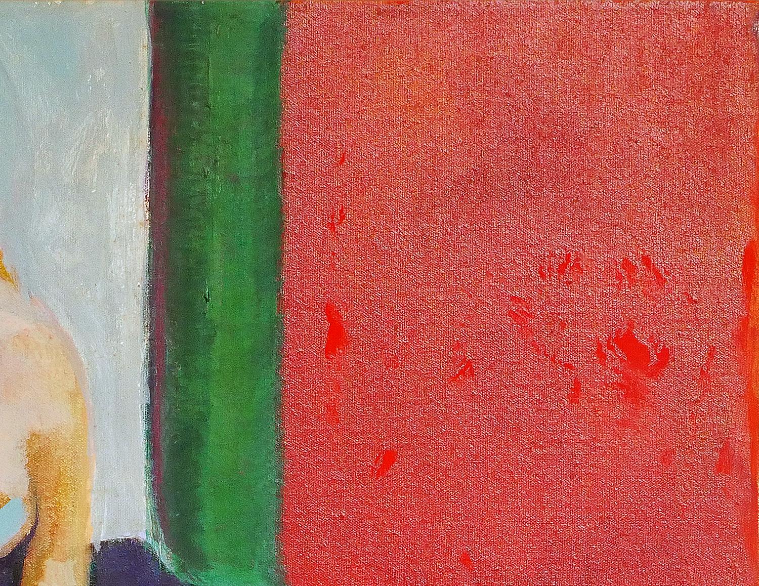 Moderne abstrakte figurative Malerei der Künstlerin Margaret Nobler aus Houston, TX. Das Werk zeigt in der Mitte einen sitzenden weiblichen Akt vor einem kräftigen roten und grünen Hintergrund. Derzeit ungerahmt, aber Optionen sind verfügbar.