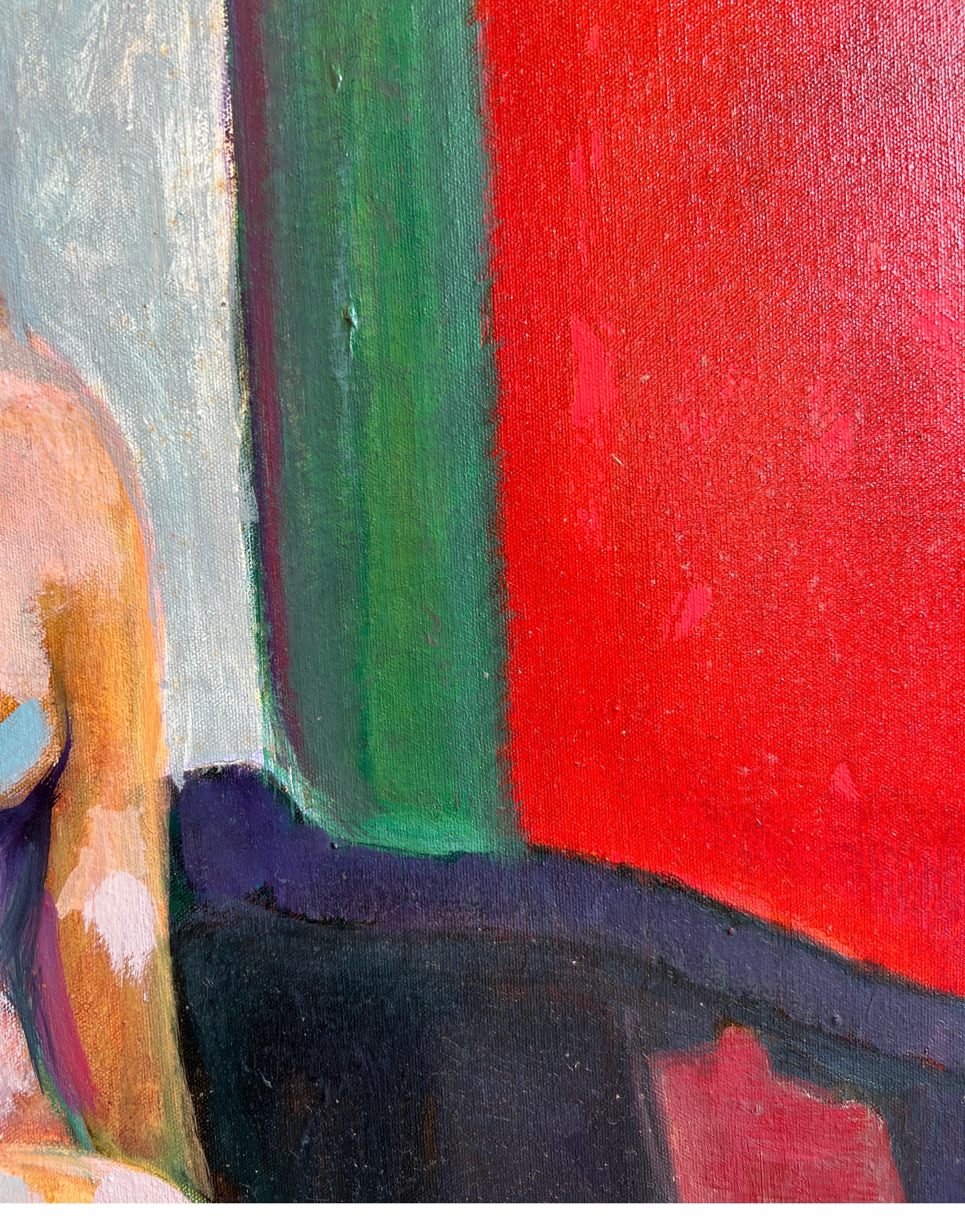 Modern Abstract Red and Green Toned Interior Painting of a Nude Female Figure For Sale 2