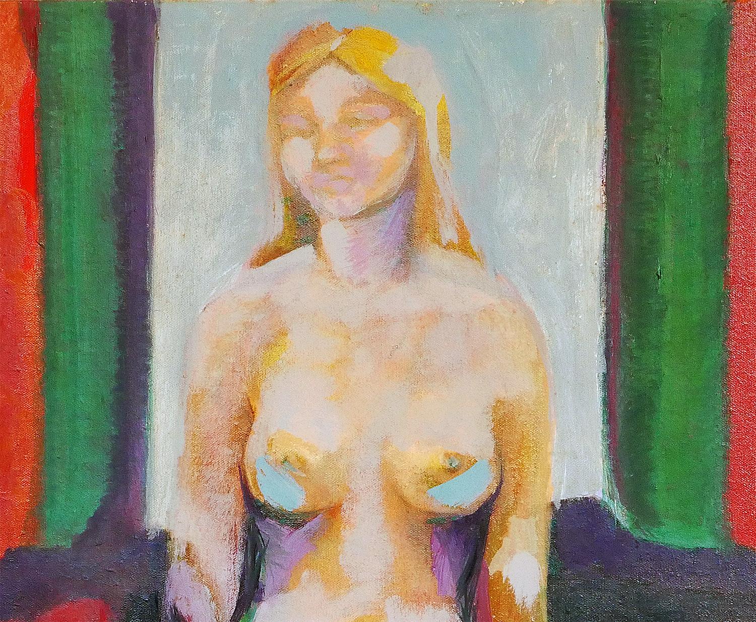 Modern Abstract Red and Green Toned Interior Painting of a Nude Female Figure For Sale 3