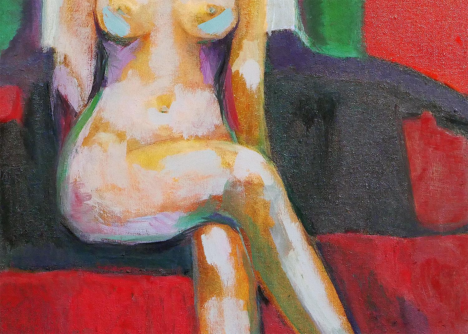 Modern Abstract Red and Green Toned Interior Painting of a Nude Female Figure For Sale 4