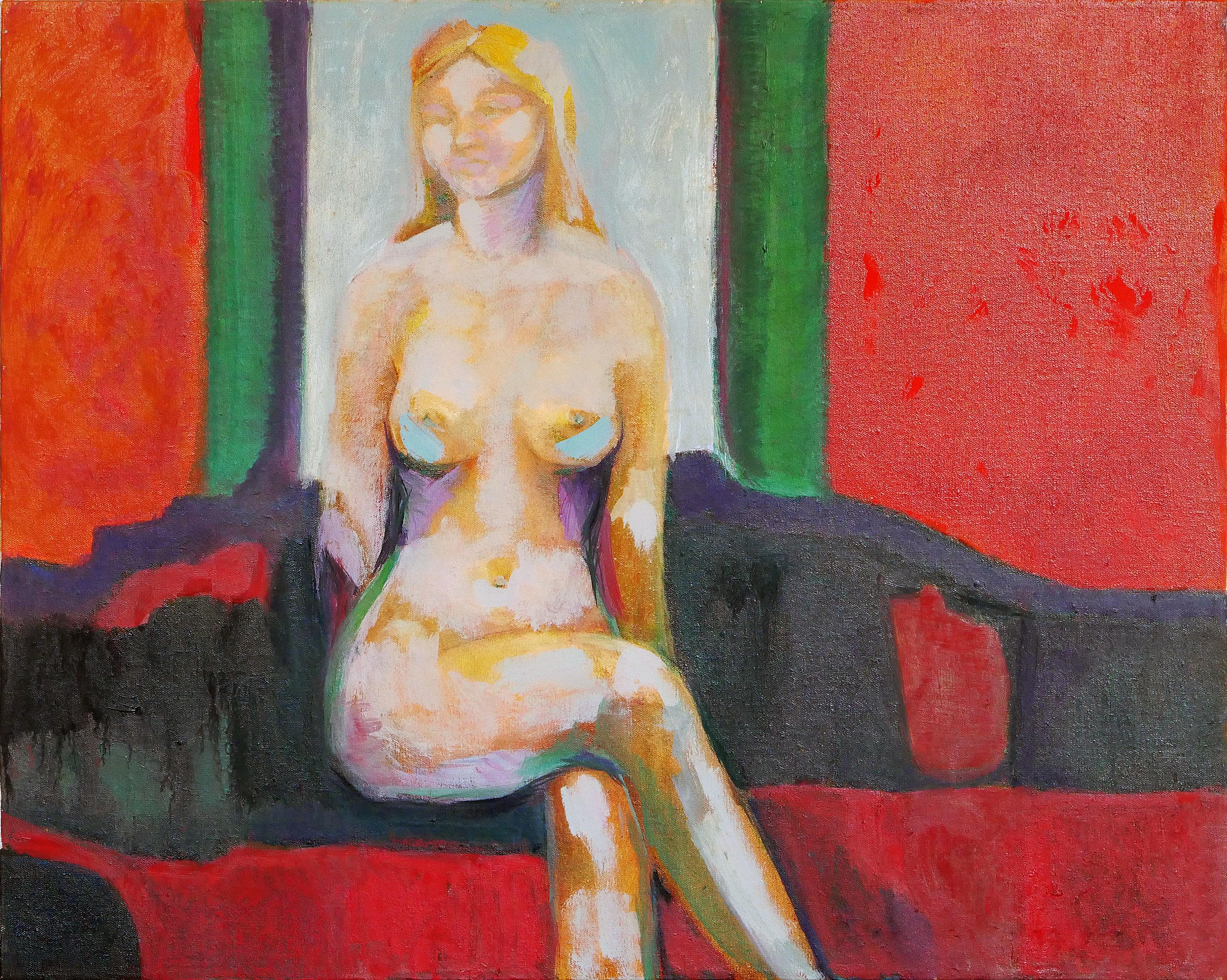Modern Abstract Red and Green Toned Interior Painting of a Nude Female Figure