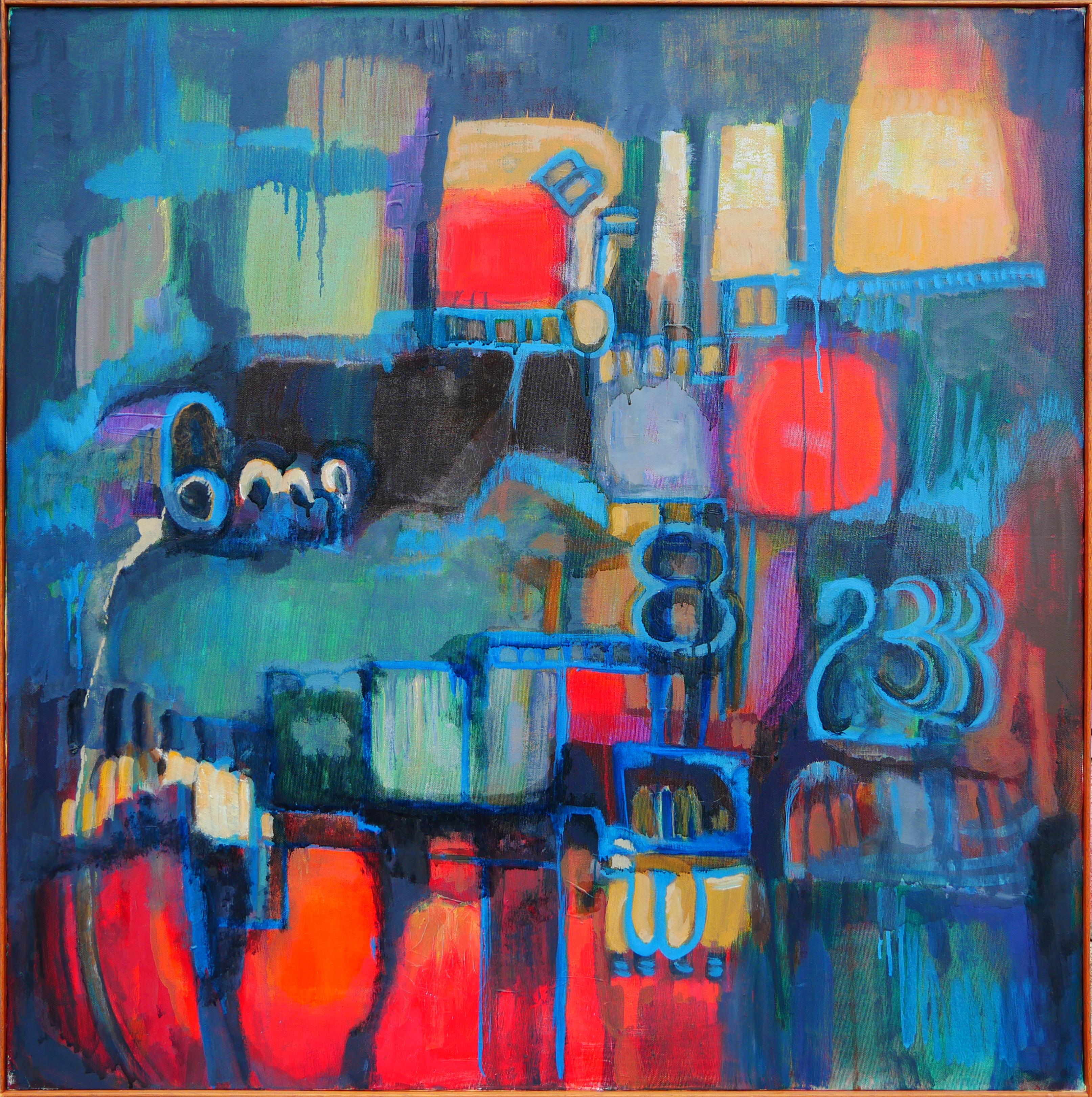 Margaret Nobler Modern Blue and Red Toned Abstract Expressionist Numerical Square Painting at
