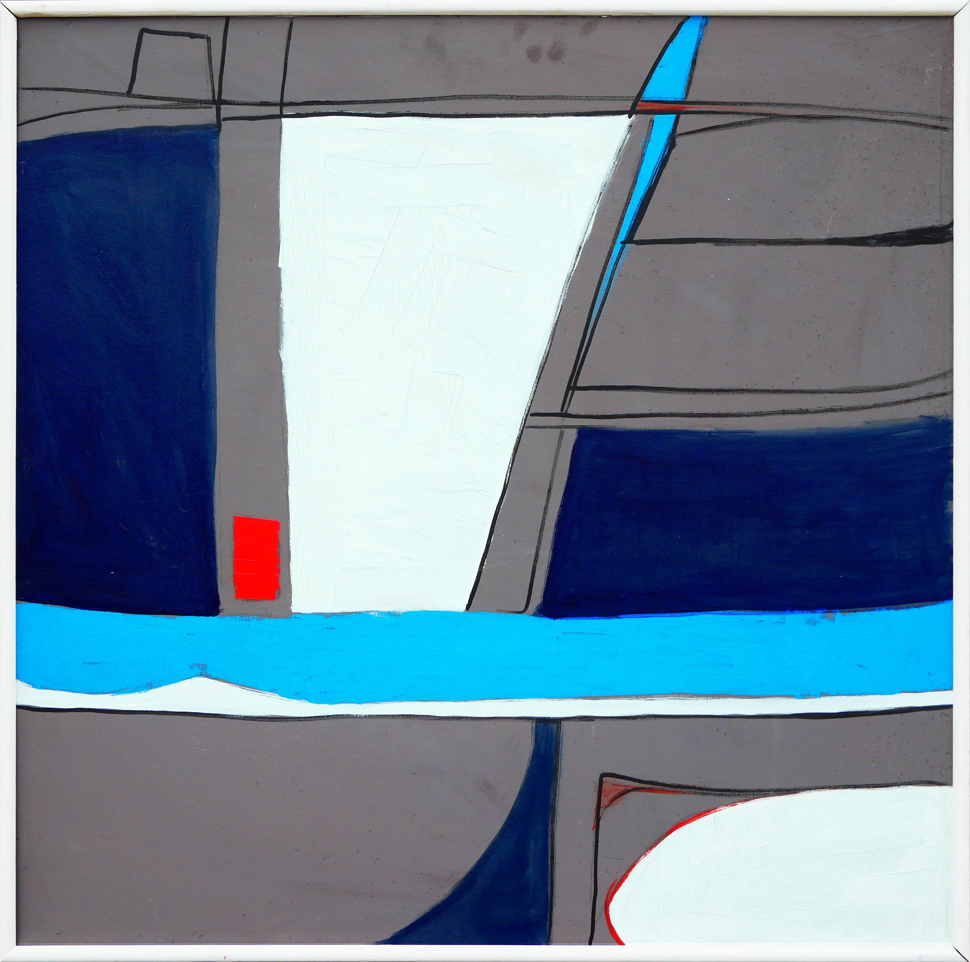 Modern abstract painting by Houston, TX artist Margaret Nobler. The work features a balanced composition of grey and white geometric shapes with red and bright blue accents. Currently hung in a white wood frame. 

Dimensions Without Frame: H 30 in.