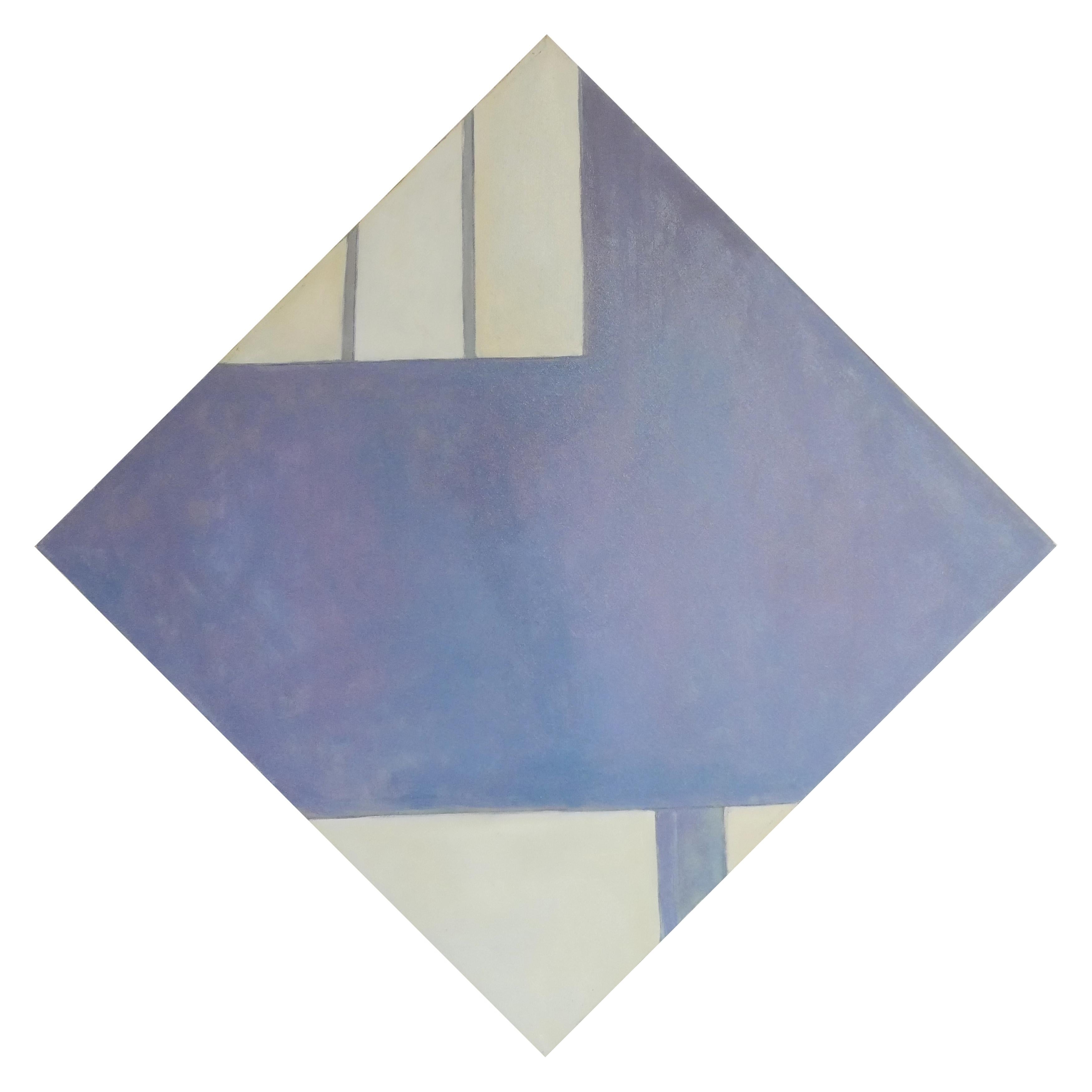 Peinture moderne de diamant linéaire géométrique abstraite aux tons gris et jaune clair - Art de Margaret Nobler
