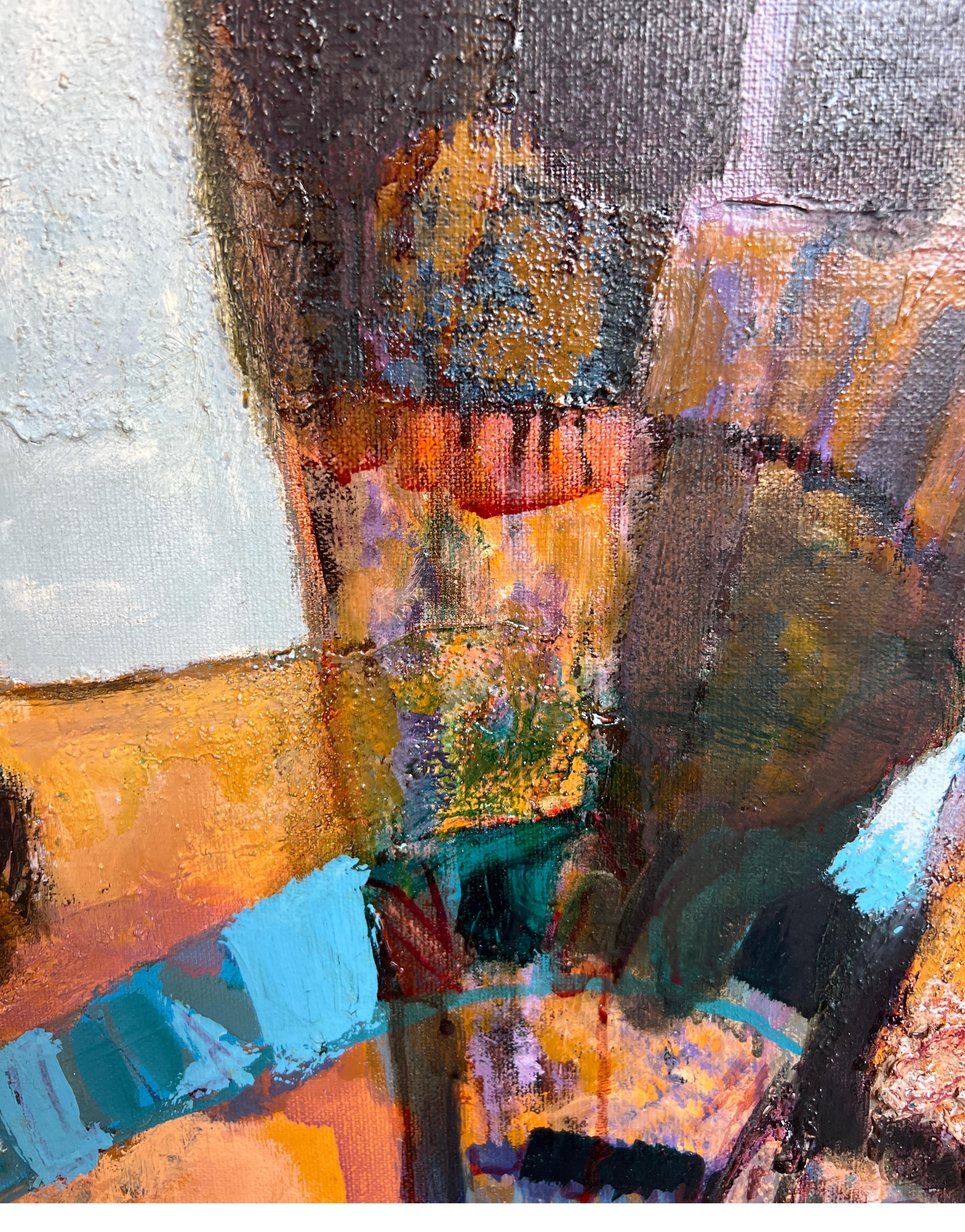 Modern abstract painting by Houston, TX artist Margaret Nobler. The work features colorful layers of yellow, orange, and blue tones set against a white background. Currently unframed, but options are available. 

Artist Biography: Margaret Nobler