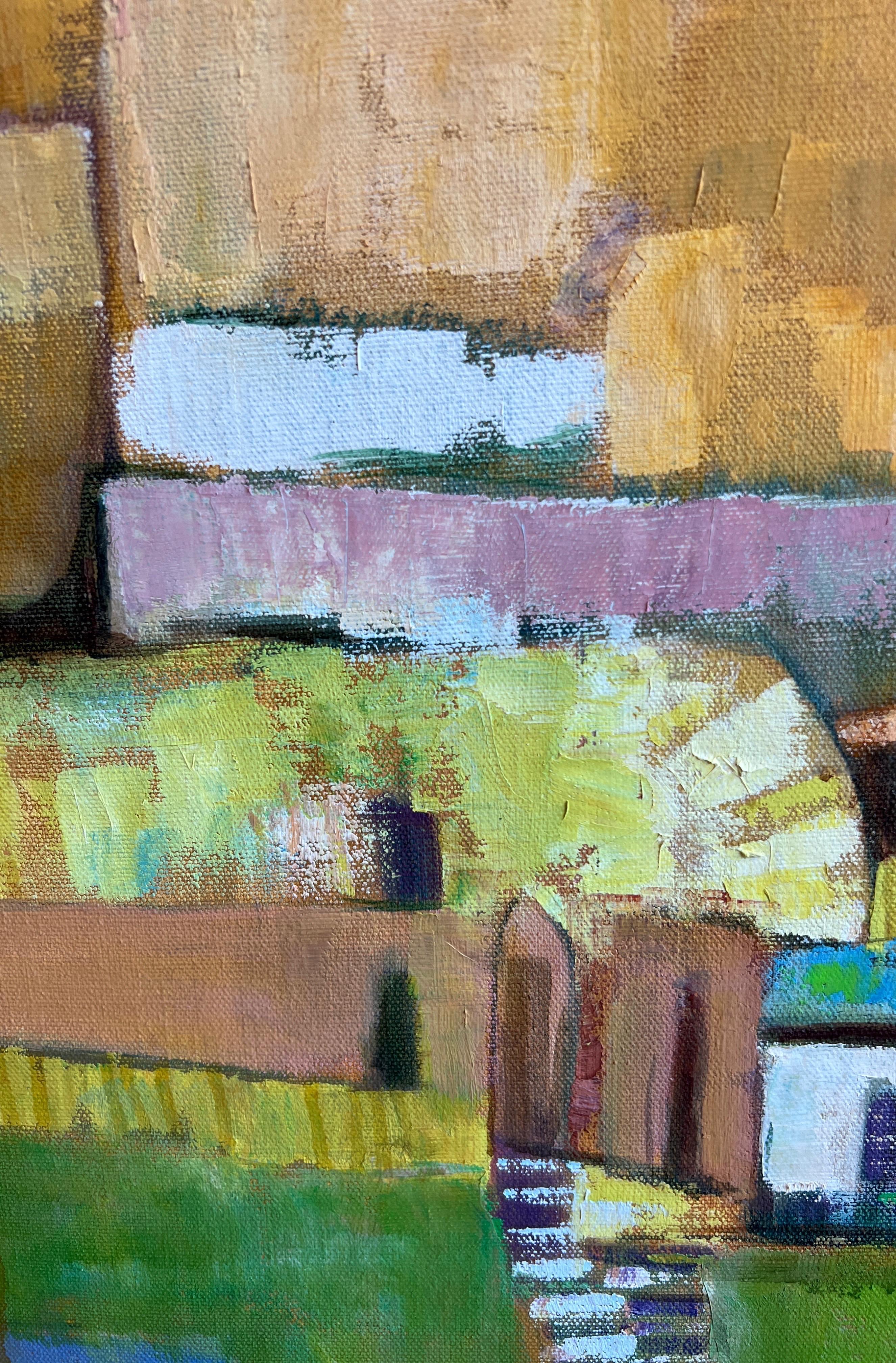 Peinture de paysage abstrait moderne aux tons jaunes d'inspiration cubiste représentant des bâtiments 6