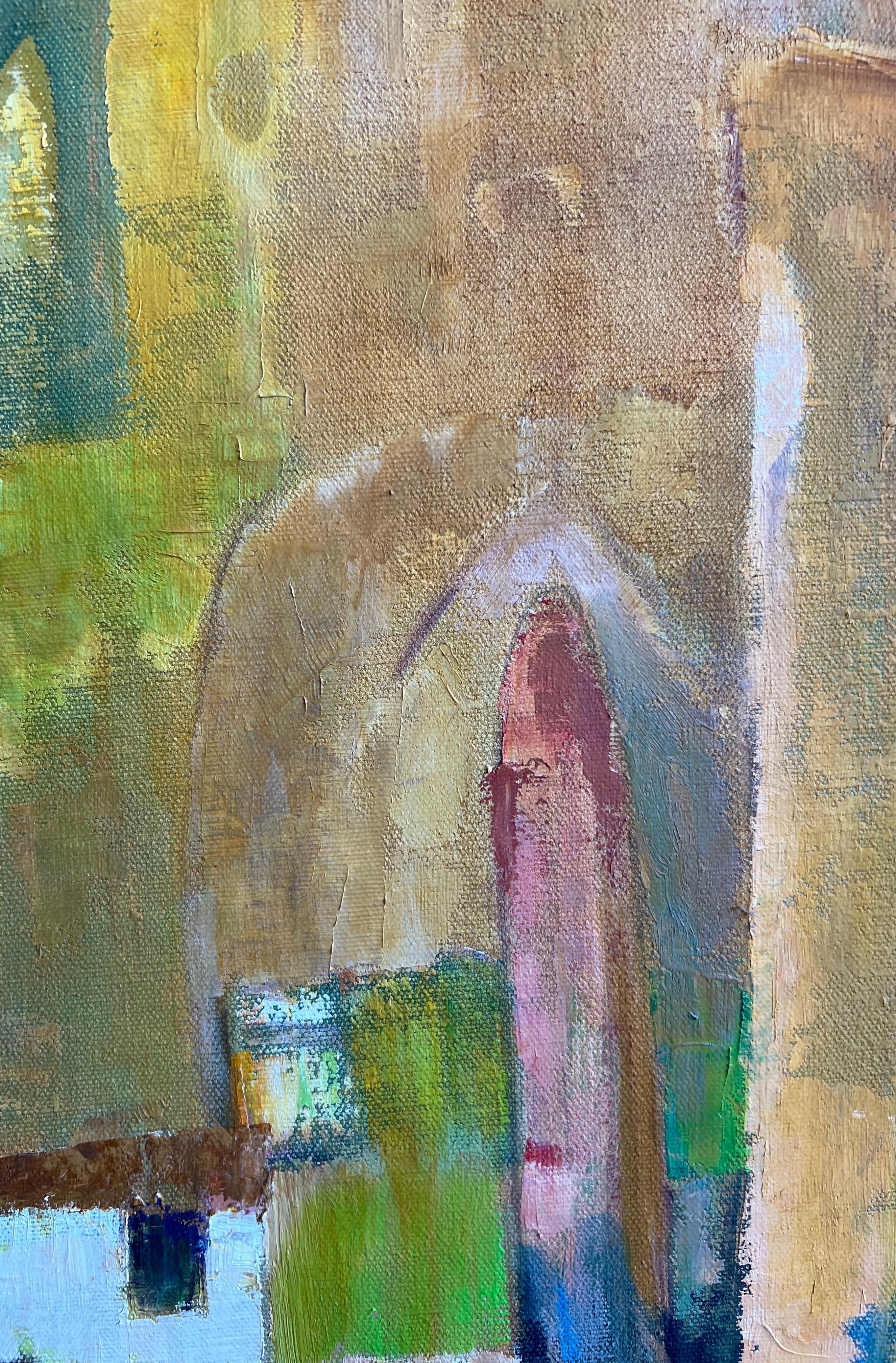 Peinture de paysage abstrait moderne aux tons jaunes d'inspiration cubiste représentant des bâtiments 8