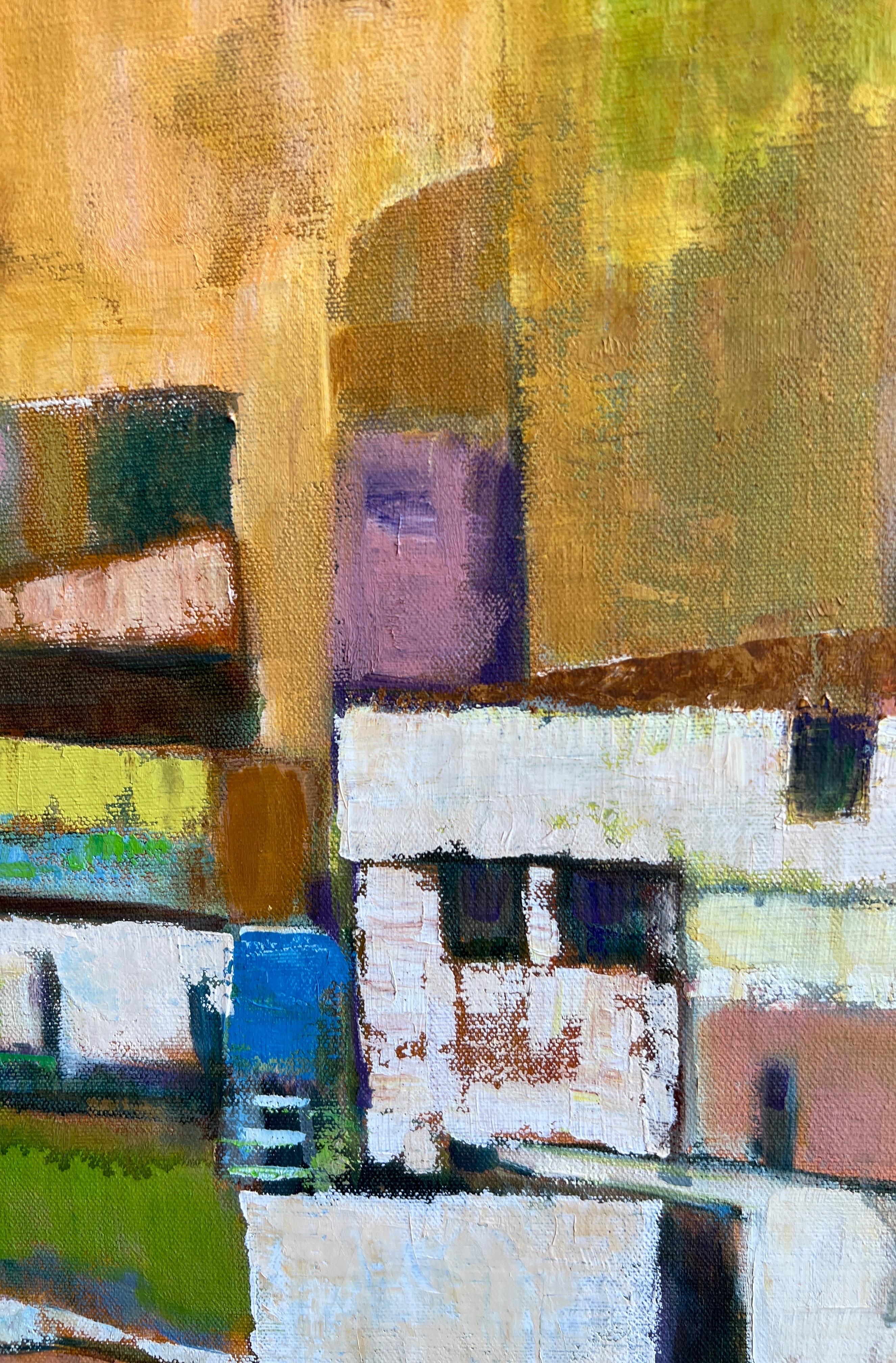 Peinture de paysage abstrait moderne aux tons jaunes d'inspiration cubiste représentant des bâtiments 9