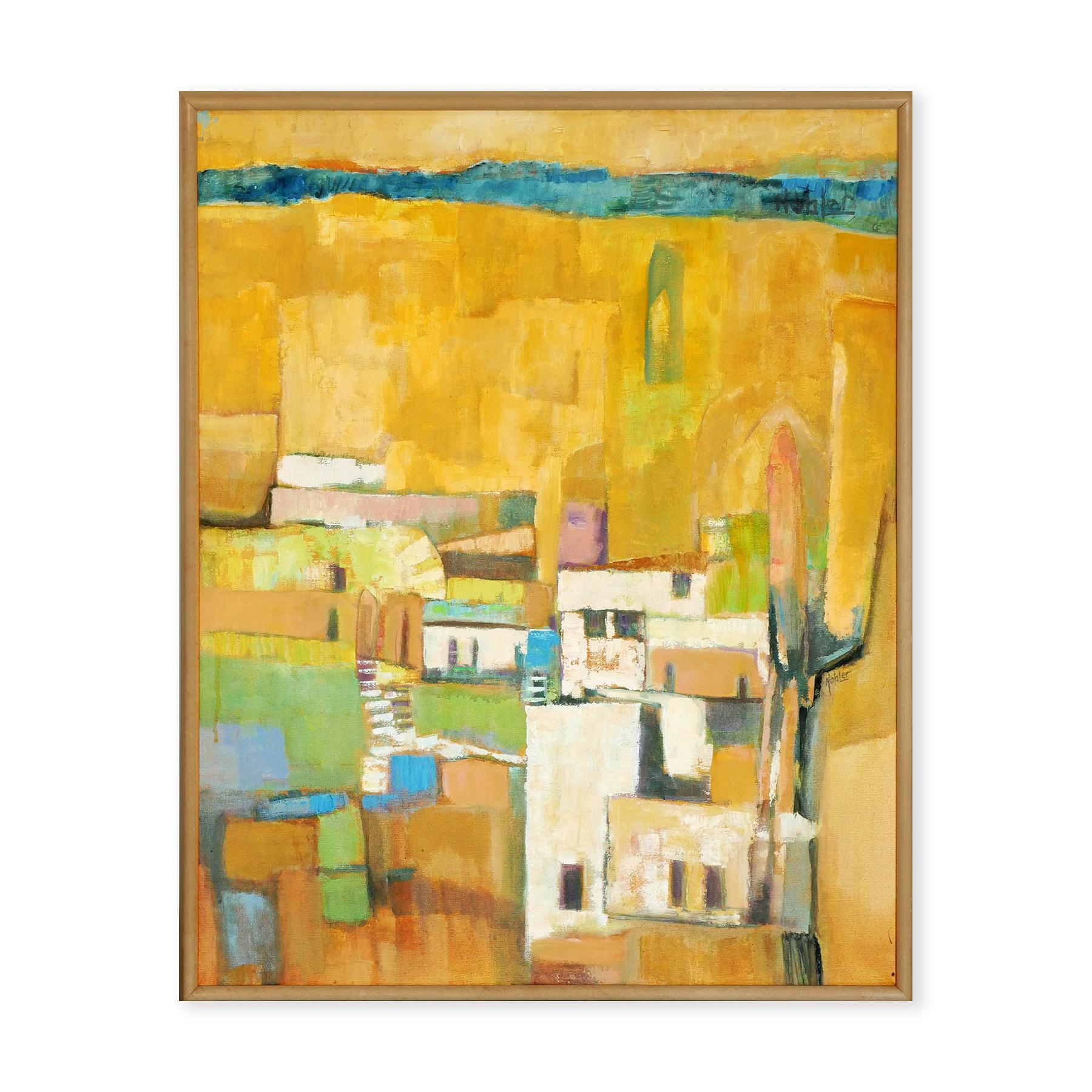 Peinture de paysage abstrait moderne aux tons jaunes d'inspiration cubiste représentant des bâtiments - Painting de Margaret Nobler
