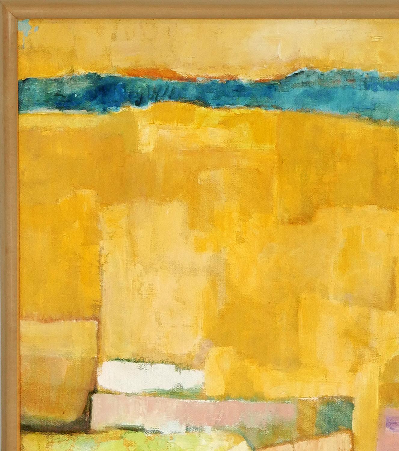 Peinture de paysage abstrait moderne aux tons jaunes d'inspiration cubiste représentant des bâtiments - Abstrait Painting par Margaret Nobler