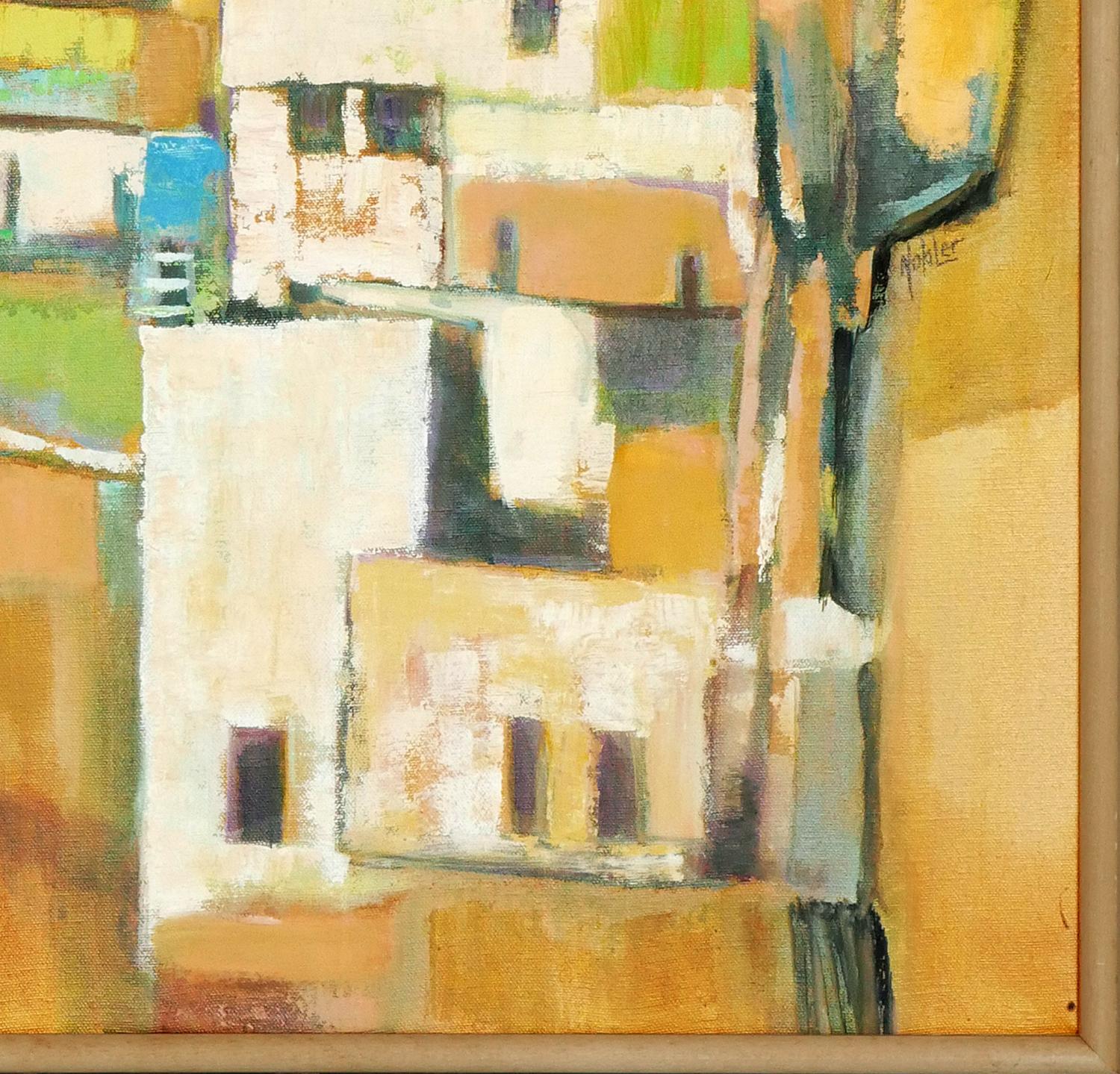 Peinture de paysage abstrait moderne aux tons jaunes d'inspiration cubiste représentant des bâtiments 1