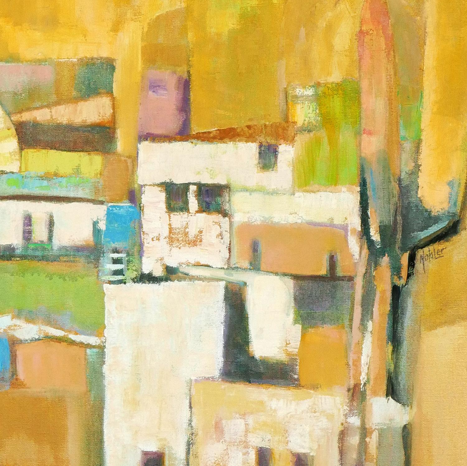 Peinture de paysage abstrait moderne aux tons jaunes d'inspiration cubiste représentant des bâtiments 2