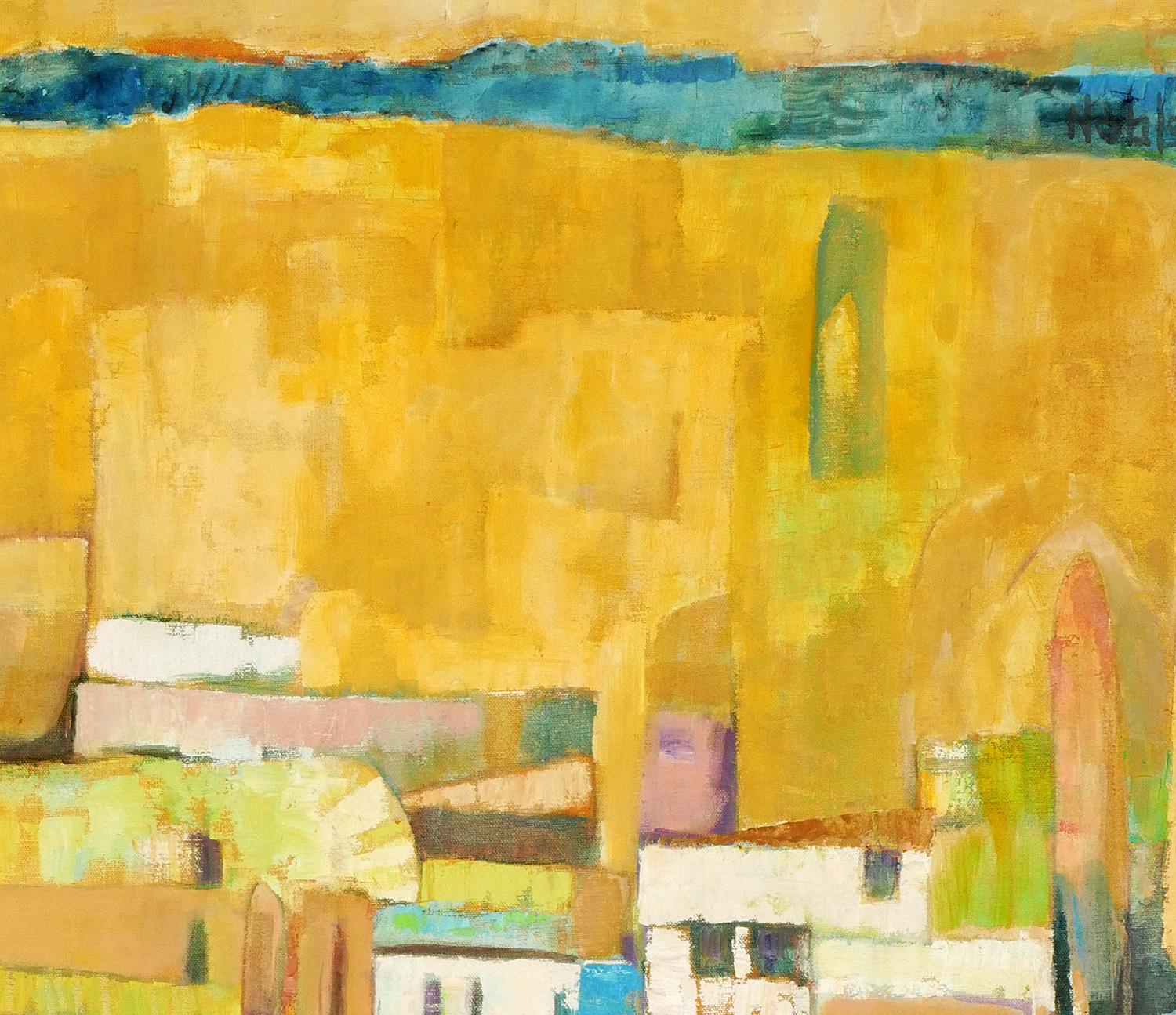 Peinture de paysage abstrait moderne aux tons jaunes d'inspiration cubiste représentant des bâtiments 3