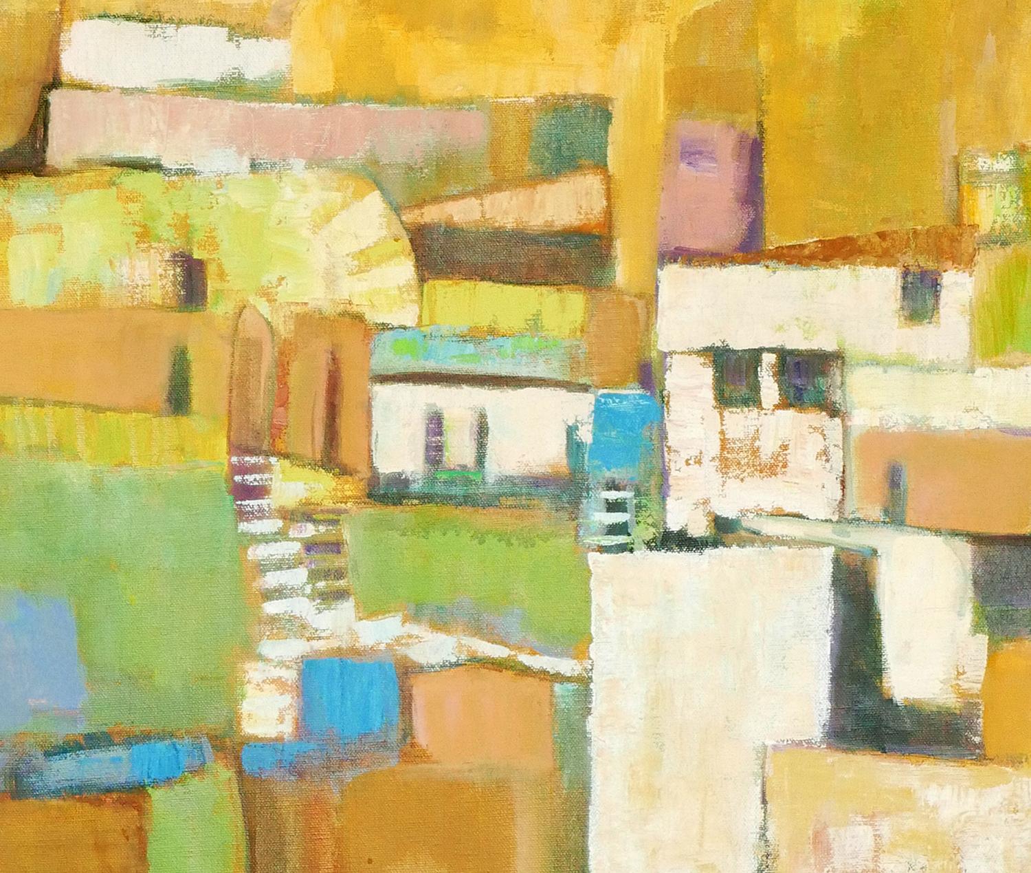 Peinture de paysage abstrait moderne aux tons jaunes d'inspiration cubiste représentant des bâtiments 4