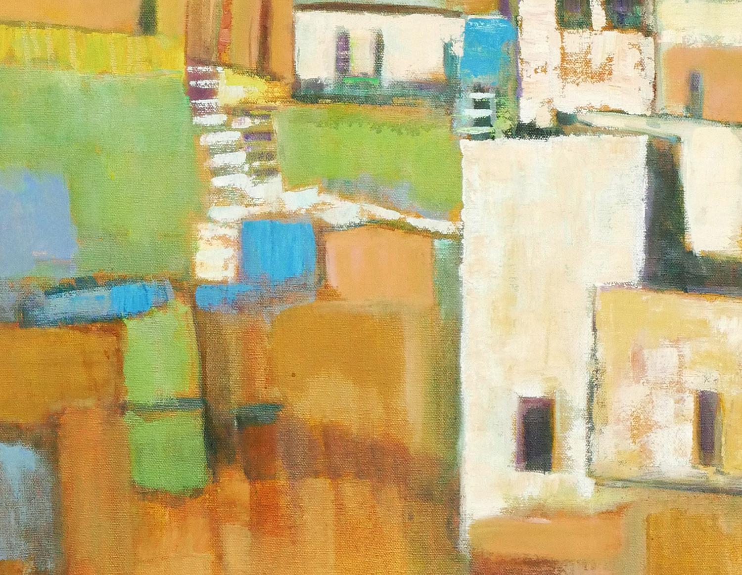 Peinture de paysage abstrait moderne aux tons jaunes d'inspiration cubiste représentant des bâtiments 5